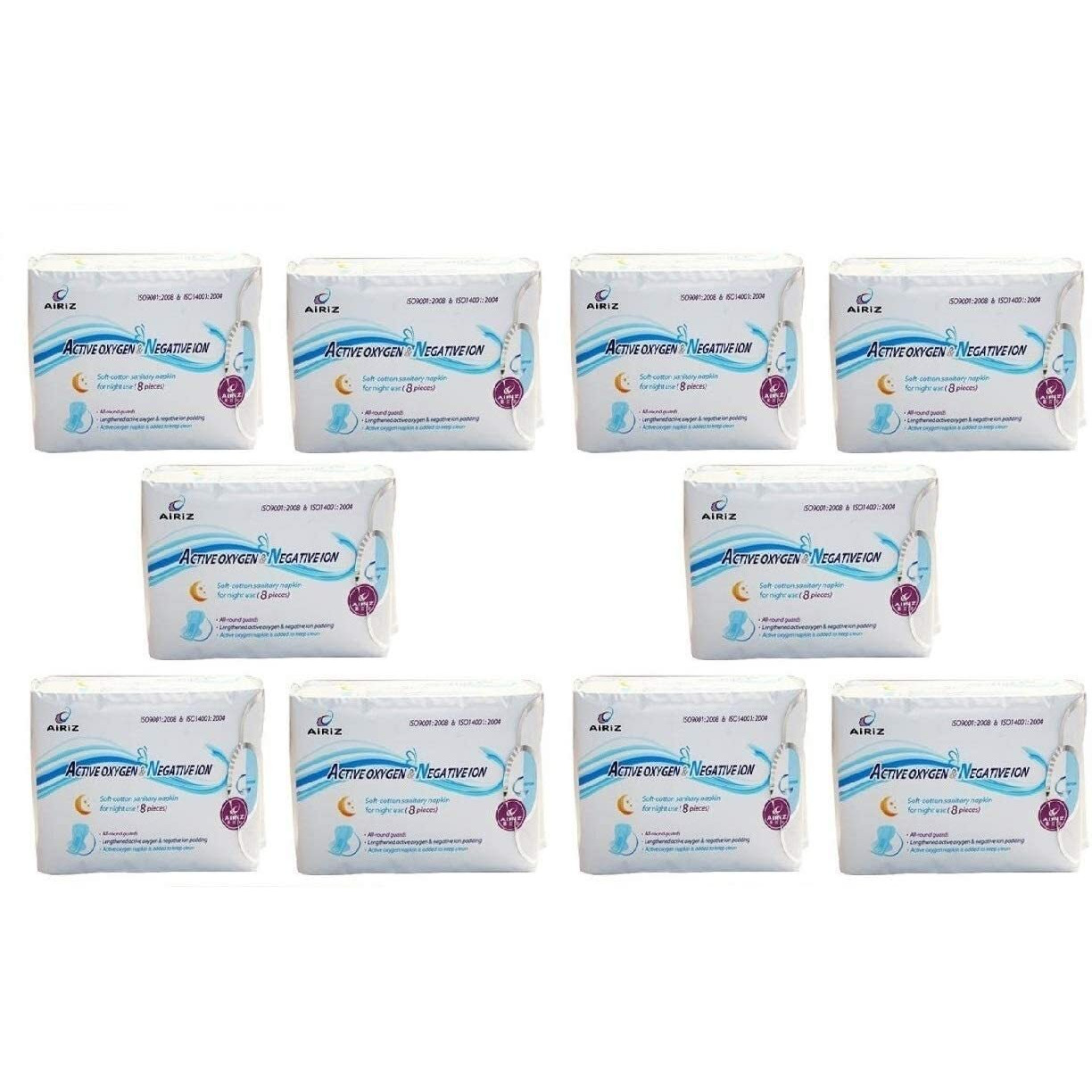 Airiz Active Oxygen & Negative Ion Relax Soft Cotton Sanitary Napkin For Night Use -(80 Pads In 10 Pack) Sanitary Napkin/Pad