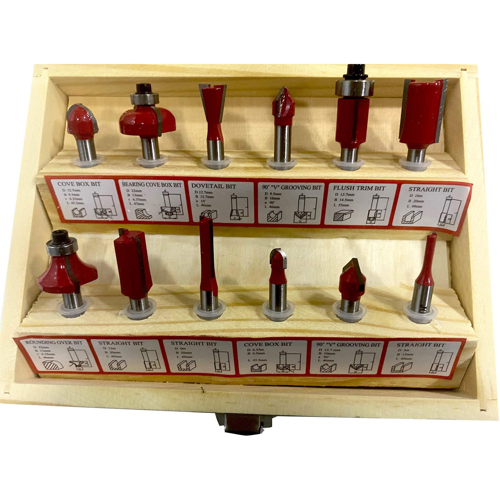 Jon Bhandari Tools 12Pc Premium Router Trimmer Bit Set 6Mm With Wooden Box Specially Designed For Wood Working