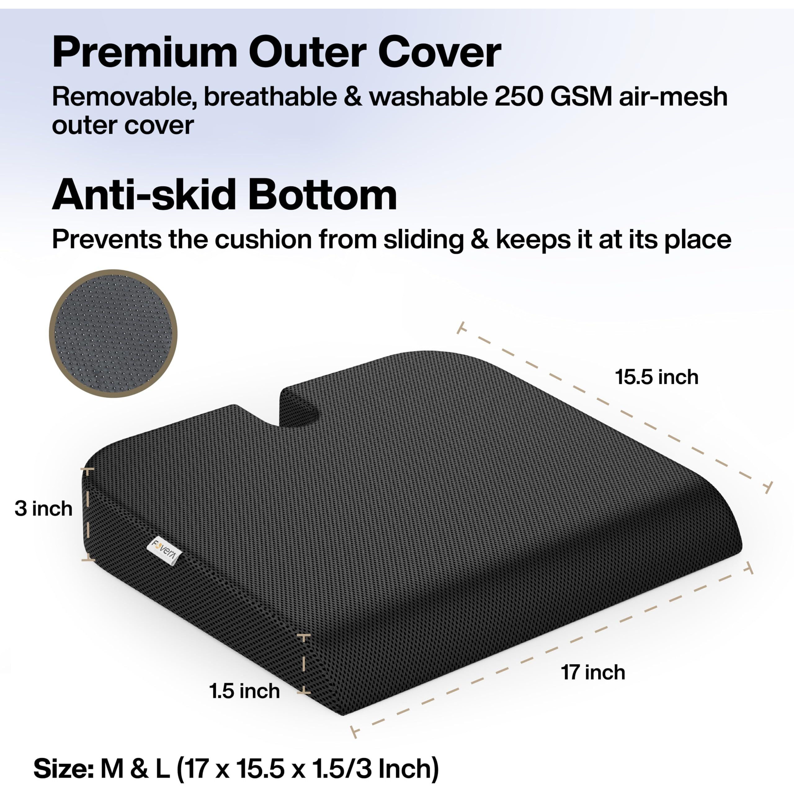 Fovera Car Seat Cushions | Memory Foam Seat Cushion For Car Driving Seat | Wedge Shape With U Cut-Out For Long Drives & Daily Commute | Relieves Back & Tailbone Pain (M-Below 80Kg Wt, Mesh Black)