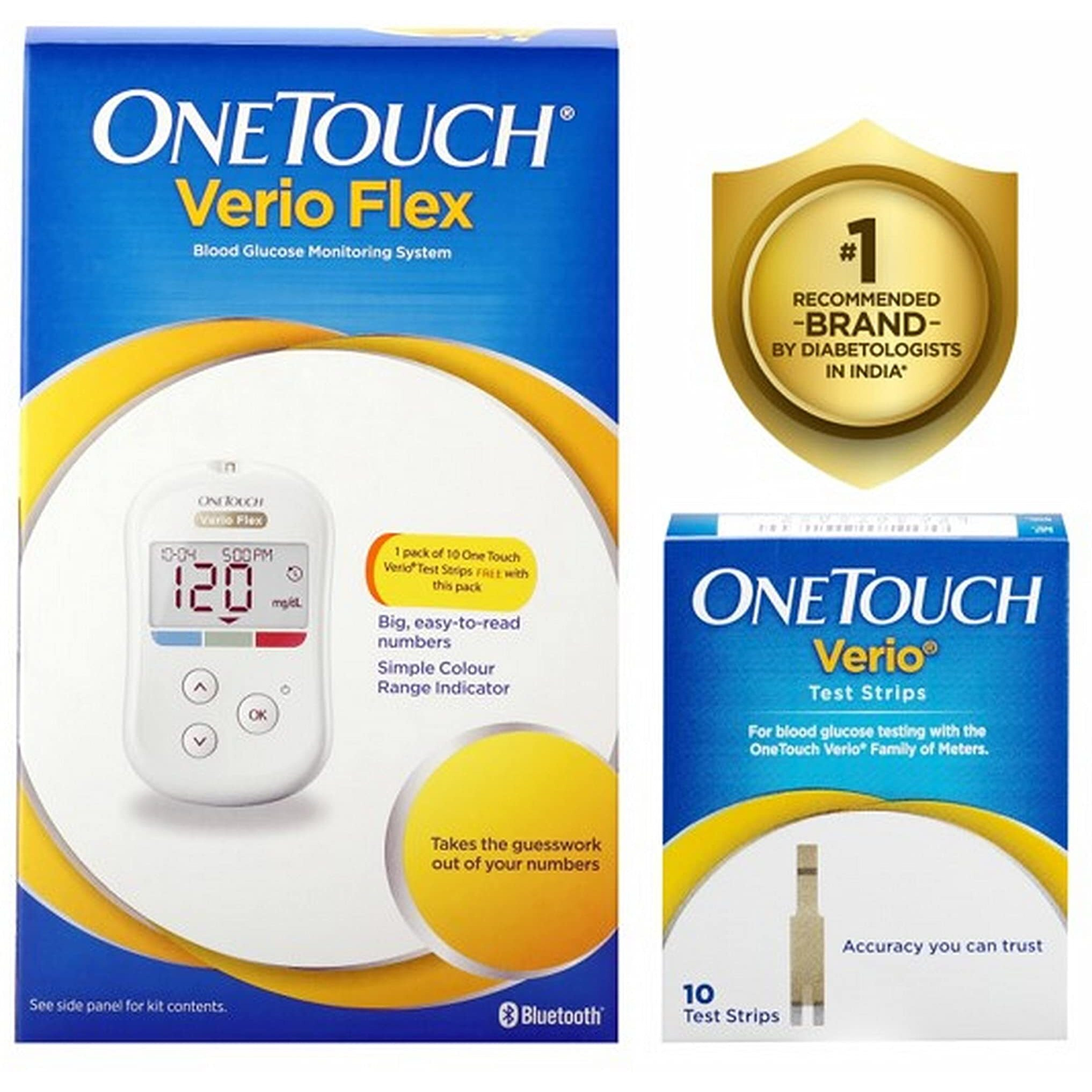Onetouch Verio Flex Glucometer Machine | Sync Your Results With Onetouch Reveal Mobile App| Simple & Accurate Testing Of Blood Sugar Levels At Home | Global Iconic Brand | Free 10 Test Strips + 10 Sterile Lancets + 1 Lancing Device