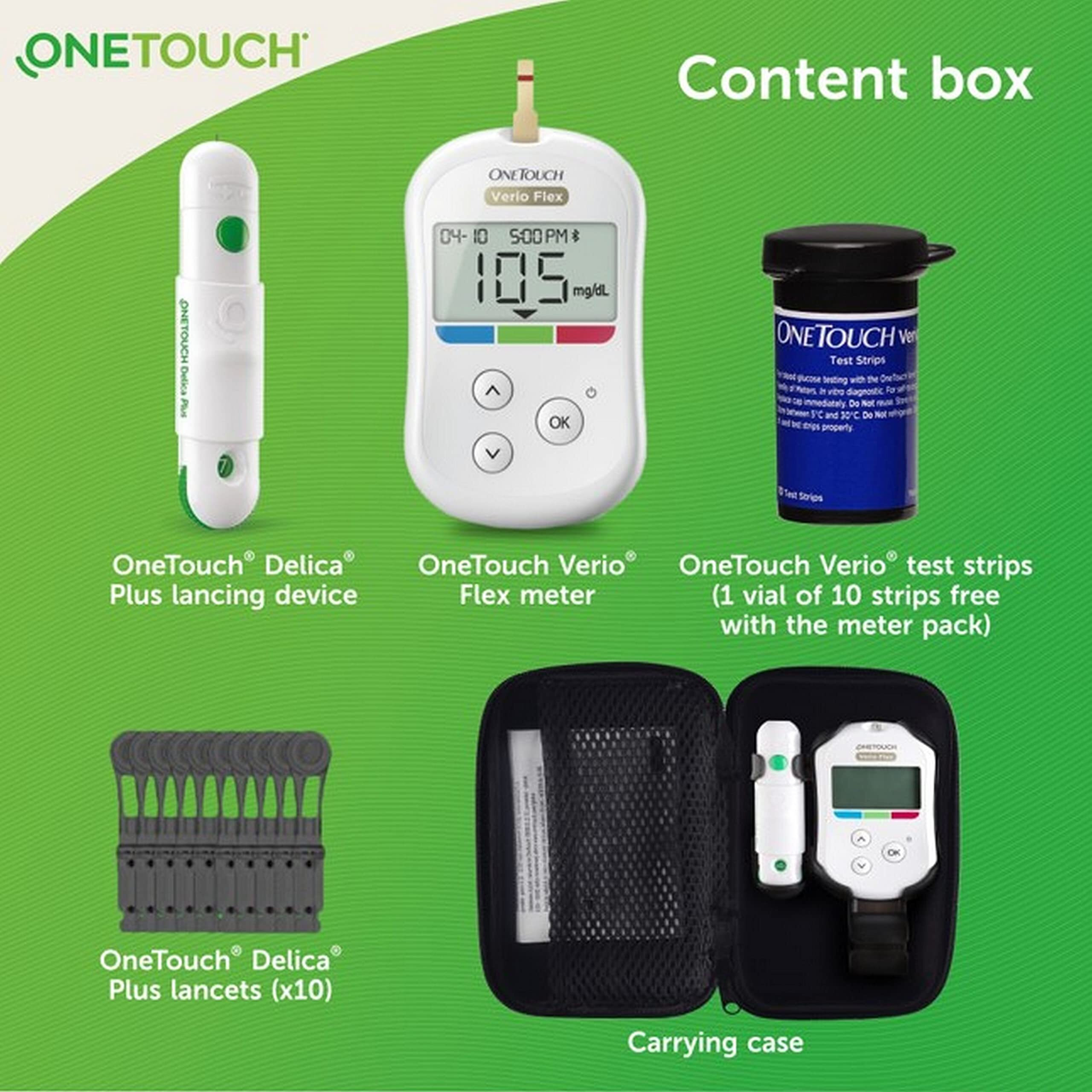 Onetouch Verio Flex Glucometer Machine | Sync Your Results With Onetouch Reveal Mobile App| Simple & Accurate Testing Of Blood Sugar Levels At Home | Global Iconic Brand | Free 10 Test Strips + 10 Sterile Lancets + 1 Lancing Device