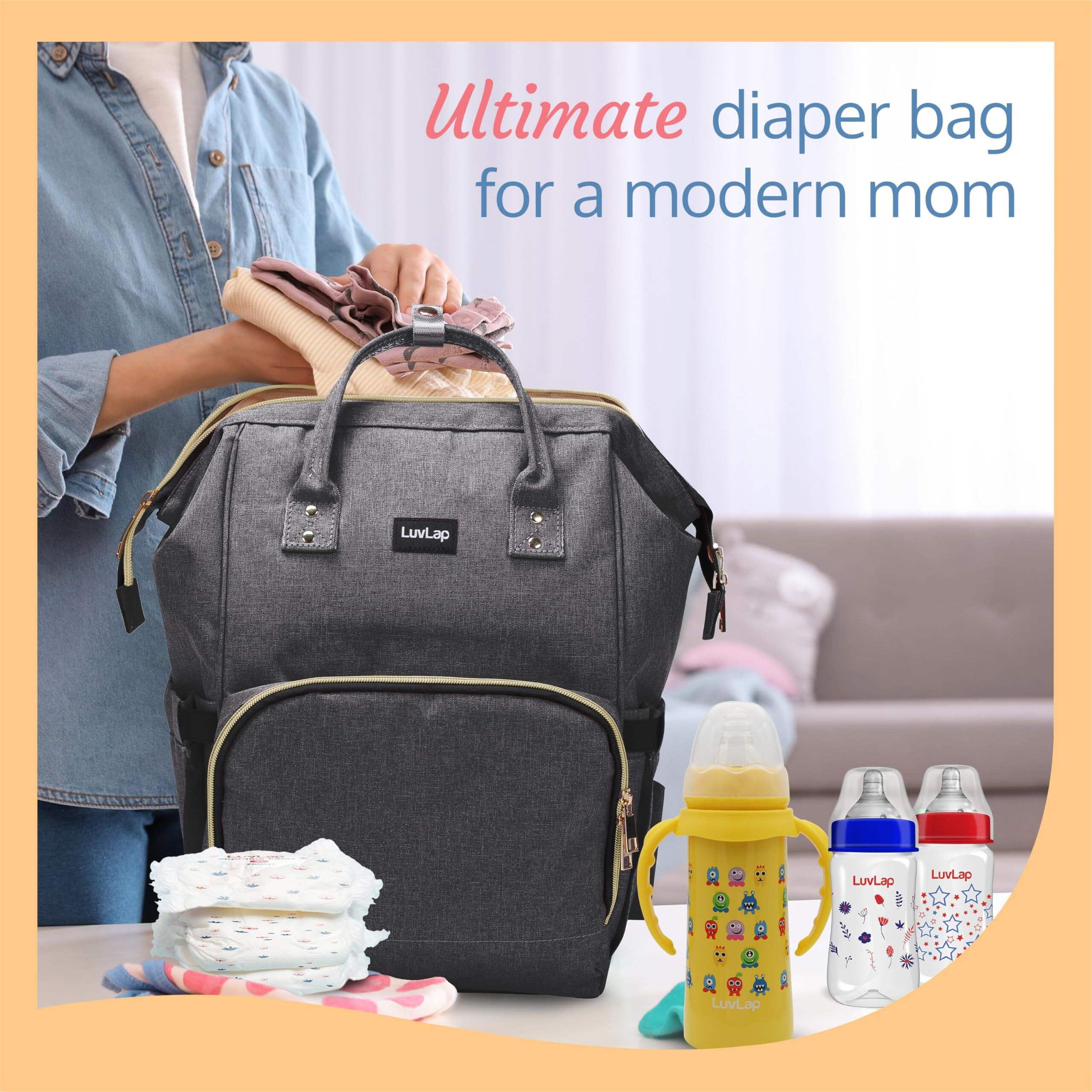 Luvlap Lily Travel Multifunctional Waterproof Diaper Bag-Backpack Cum Tote Bag (Grey)