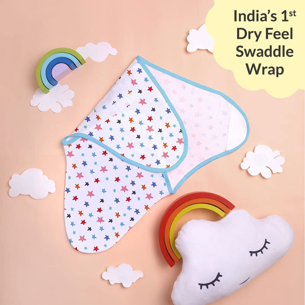 Superbottoms Dry Feel Swaddle Wrap For Newborn | Superdryfeel Layer To Keep Baby Dry | Extra Soft | 100% Cotton | Easy To Wear, Travel-Friendly Wrapper | 0-3 Months, Baby Wrappers | Pack Of 3