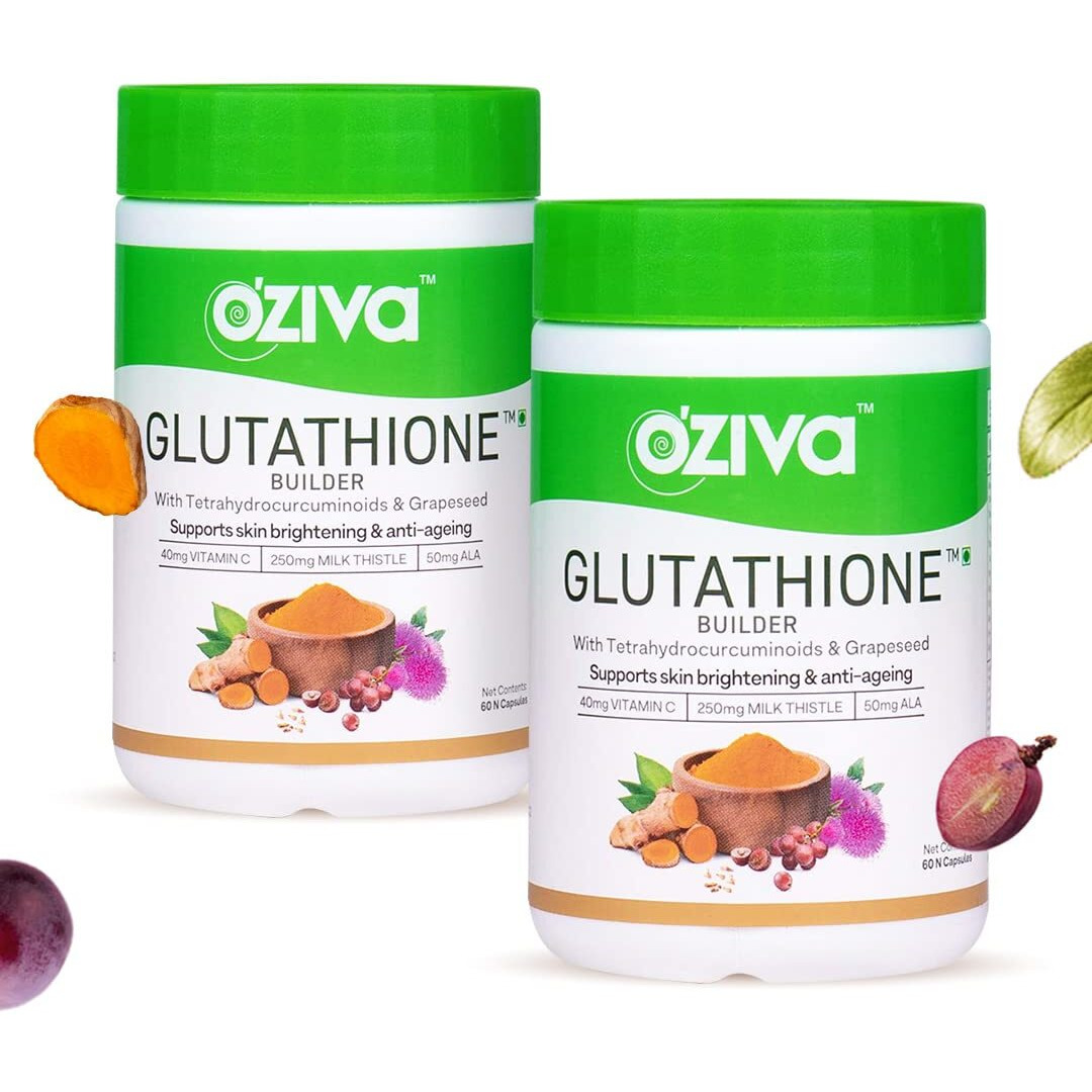 Oziva Plant Based Glutathione Builder | Glutathione Tablets For Skin Glow & Anti-Ageing | Sugar Free, Antioxidant Glutathione Supplements With Grapeseed, Vitamins C & E, Selenium, 120 Veg Capsules