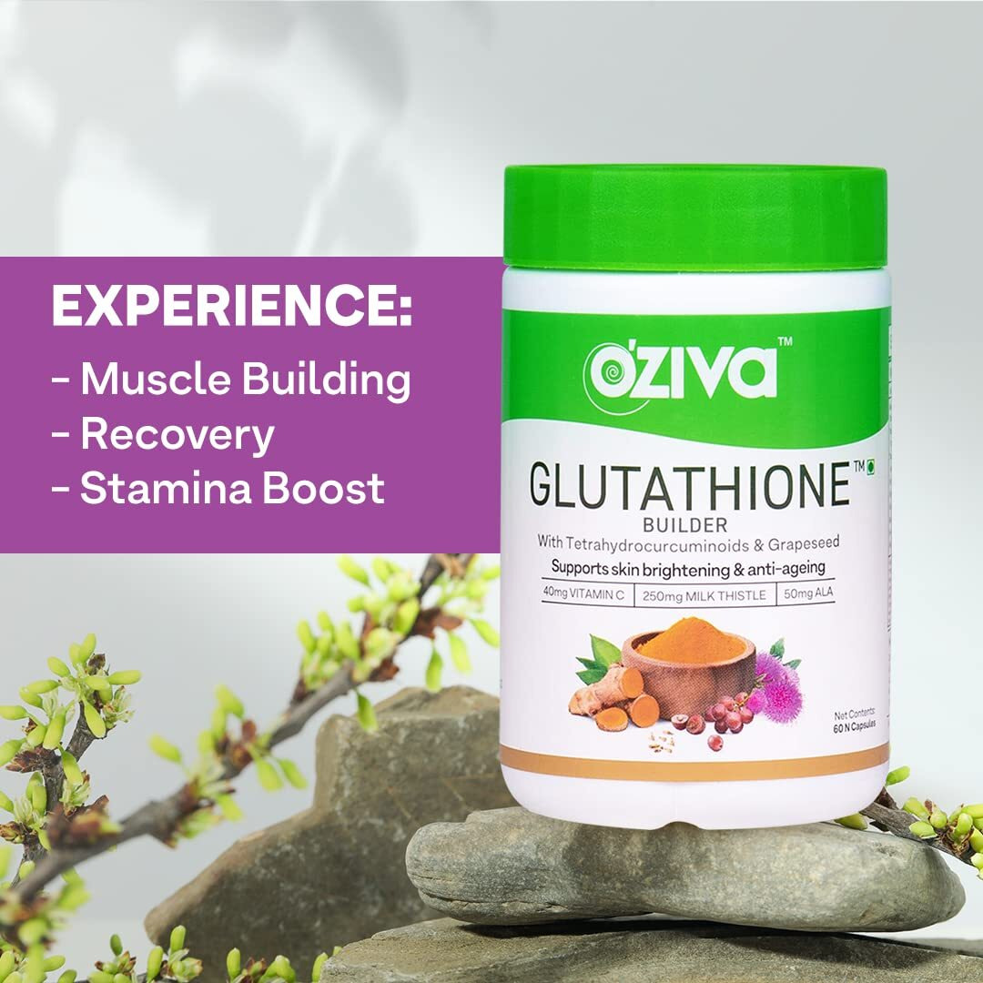 Oziva Plant Based Glutathione Builder | Glutathione Tablets For Skin Glow & Anti-Ageing | Sugar Free, Antioxidant Glutathione Supplements With Grapeseed, Vitamins C & E, Selenium, 120 Veg Capsules