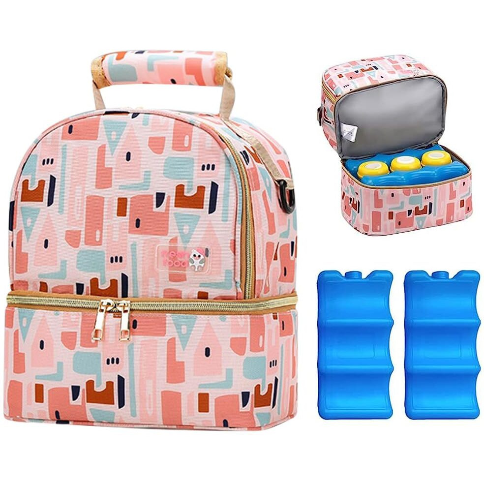 Zibuyu Nylon Breastmilk Storage Modern Bag With Ice Pack,Double Layer Breastmilk Warmer Insulated Bag With Strap,Fits 6 Ounces Bottles,Waterproof Breast Mommy Diaper Backpack Bento Box Backpack,Pink