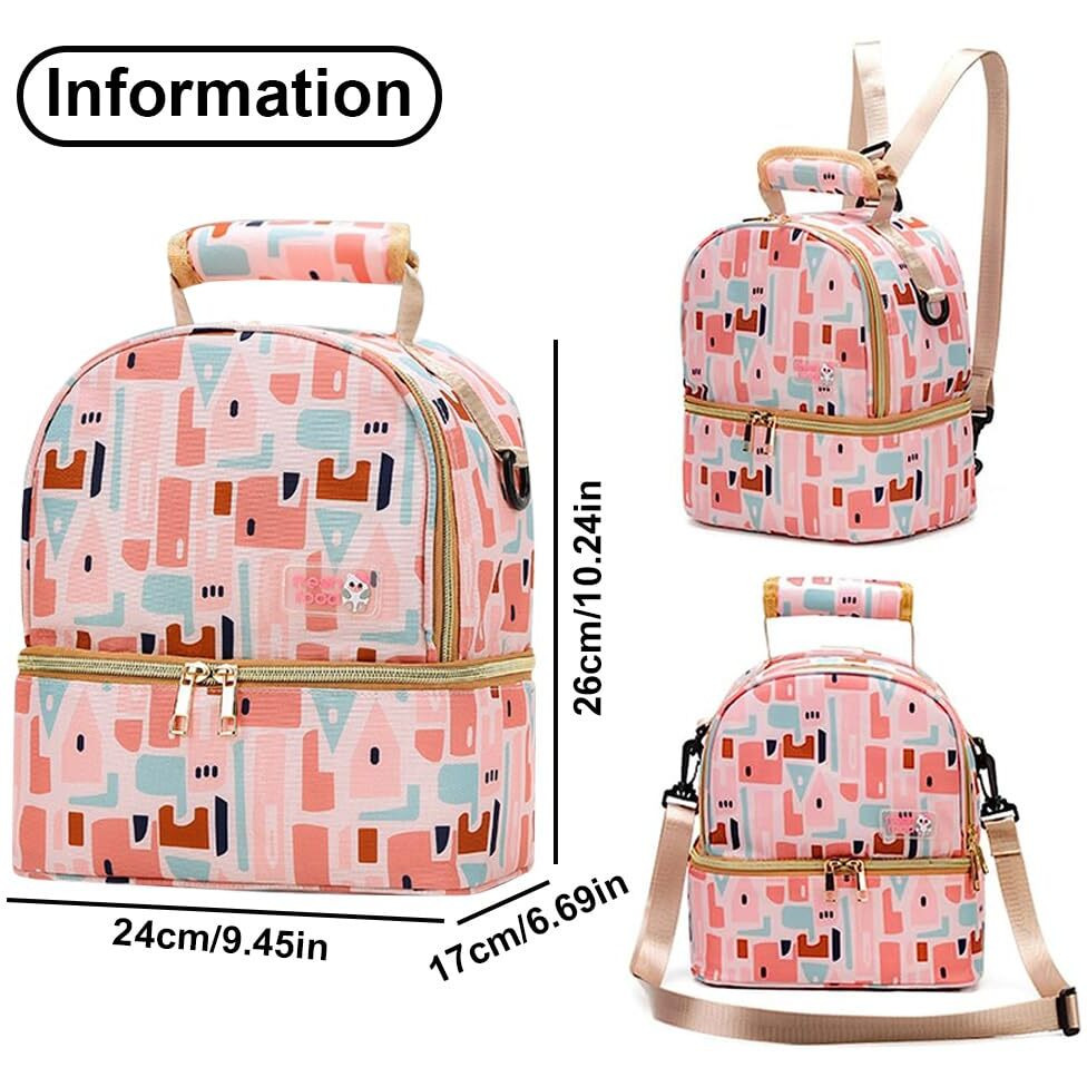 Zibuyu Nylon Breastmilk Storage Modern Bag With Ice Pack,Double Layer Breastmilk Warmer Insulated Bag With Strap,Fits 6 Ounces Bottles,Waterproof Breast Mommy Diaper Backpack Bento Box Backpack,Pink