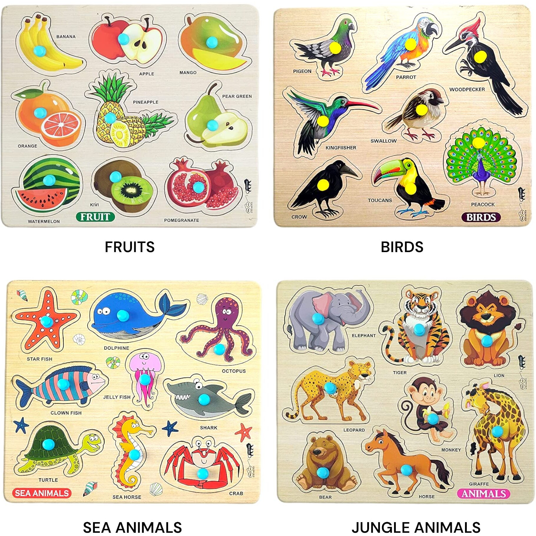 Appster Educational Colorful Animals, Fruits, Vegetables, Birds, Numbers, Body Parts, Shape Color & Sea Animals Wooden Puzzle Toy For Kids Jigsaw Puzzles Learning Toys Game (Pack Of 8)