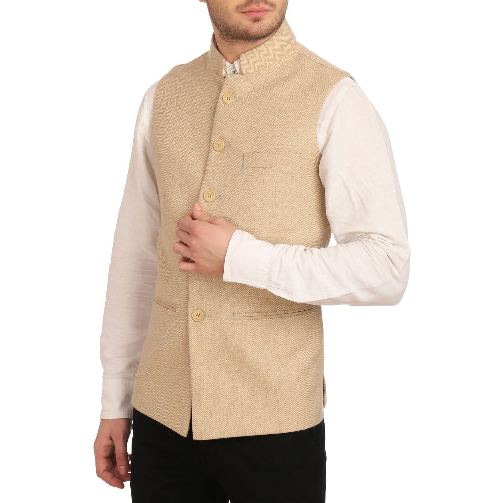 Wintage Men's Tweed Bandhgala Festive Nehru Jacket Waistcoat Beige