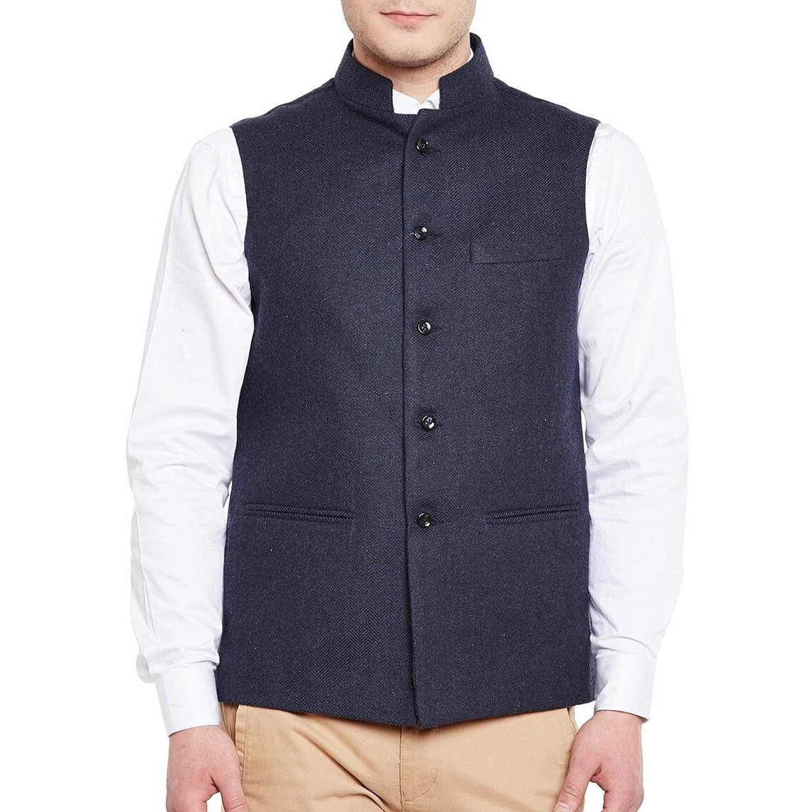 Wintage Men's Wool Blend Grandad Nehru Jacket Vest Waistcoat Navy
