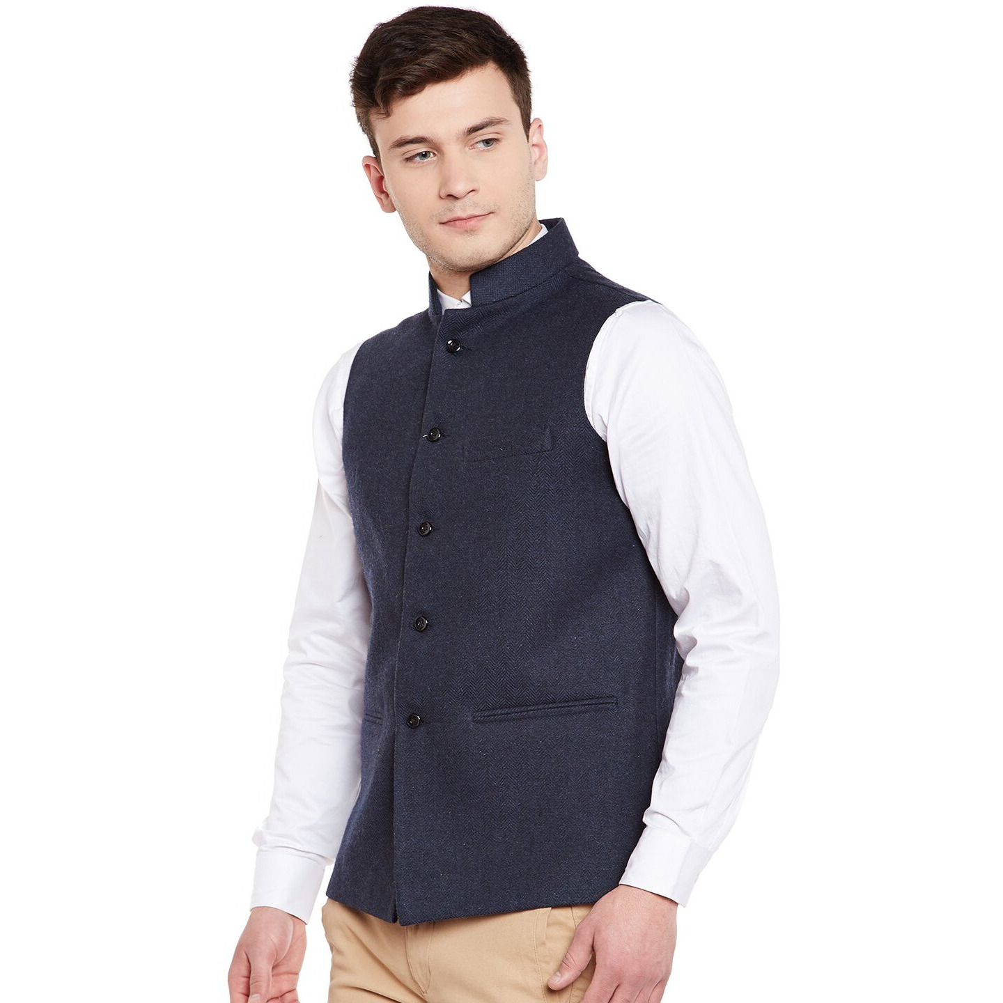 Wintage Men's Wool Blend Grandad Nehru Jacket Vest Waistcoat Navy