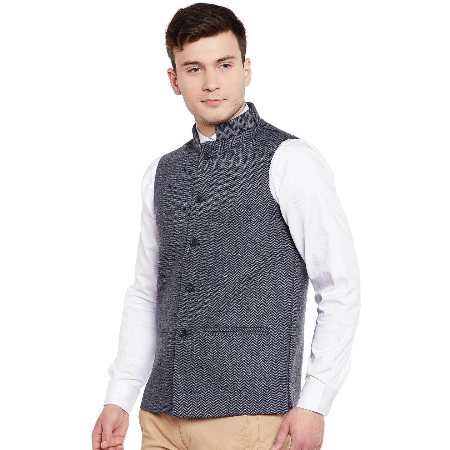 Wintage Men's Wool Blend Grandad Nehru Jacket Vest Waistcoat Blue