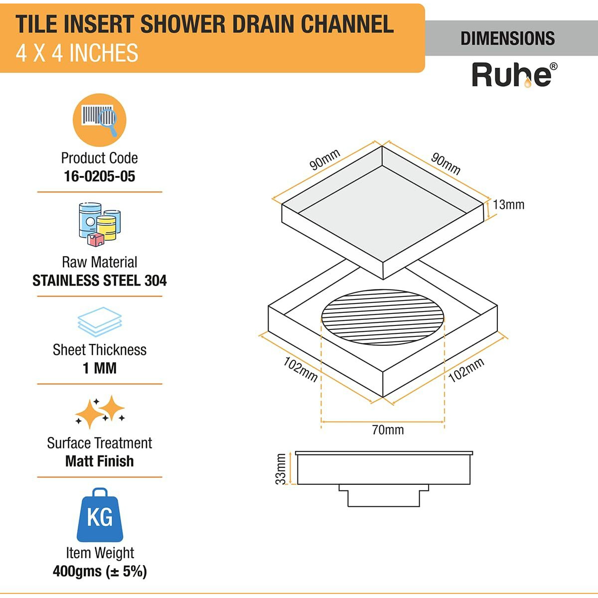 Ruhe Square Tile Insert Shower Drain Channel | 4 X 4 Inches |304 Stainless Steel |Silver | Waste Water Floor Drain For 13Mm Tile| Invisible Shower Drainer Channel| Anti Cockroach Trap |Side Hole Type