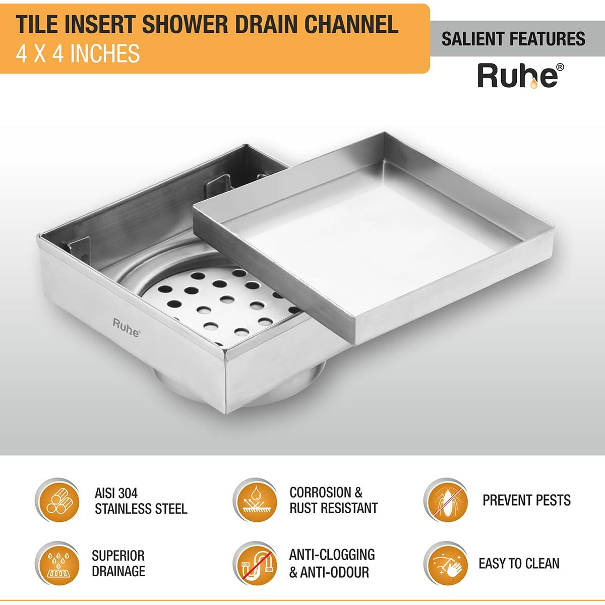 Ruhe Square Tile Insert Shower Drain Channel | 4 X 4 Inches |304 Stainless Steel |Silver | Waste Water Floor Drain For 13Mm Tile| Invisible Shower Drainer Channel| Anti Cockroach Trap |Side Hole Type