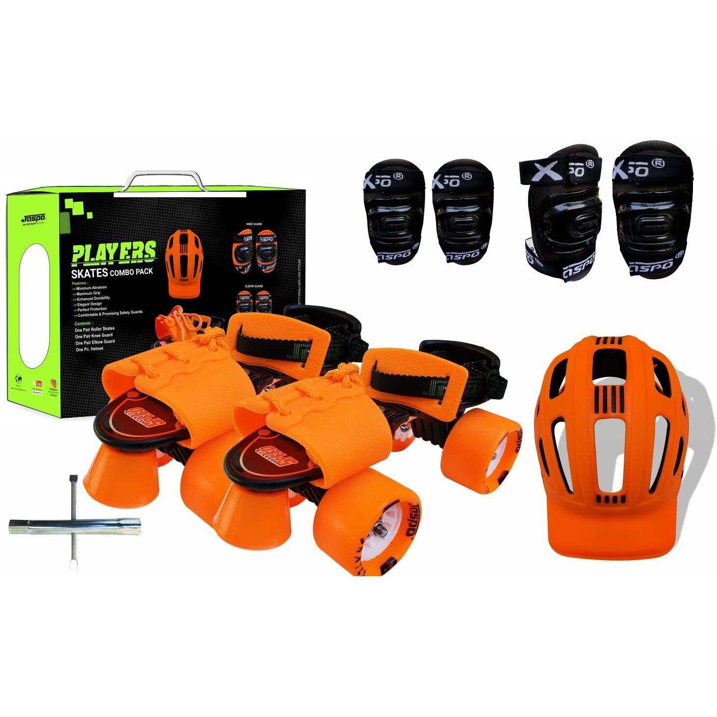 Jaspo Kids Cruiser Senior Players Quad Adjustable Roller Skates Combo (Suitable For 6 To 14 Years, Orange Outdoor Wheel)