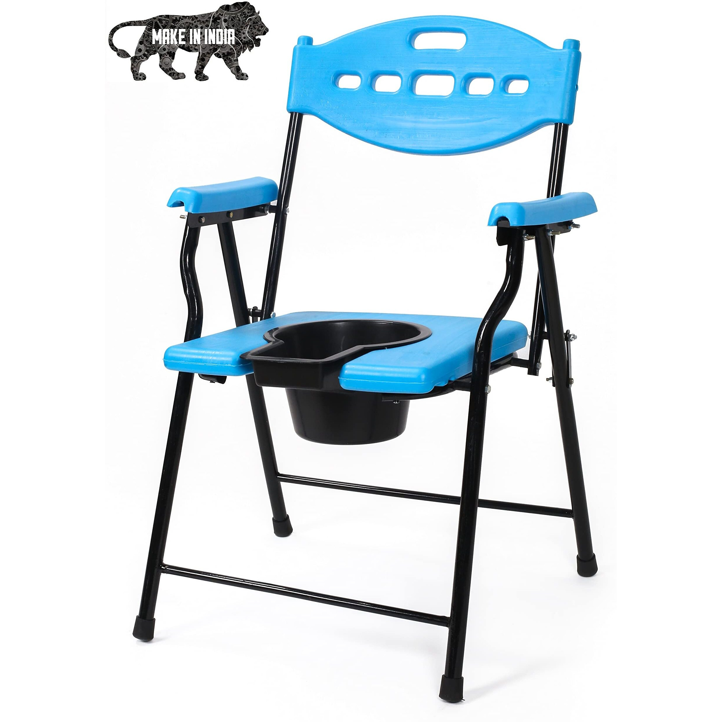 Physiqo Folding Elderly Disabled Man And Pregnant Woman Stainless Steel Shower And Bathing Room Mobile Commode Chair With Toilet Seat Comfortable Safe Toliet Stool Anti-Skid (100 Kg Capacity)