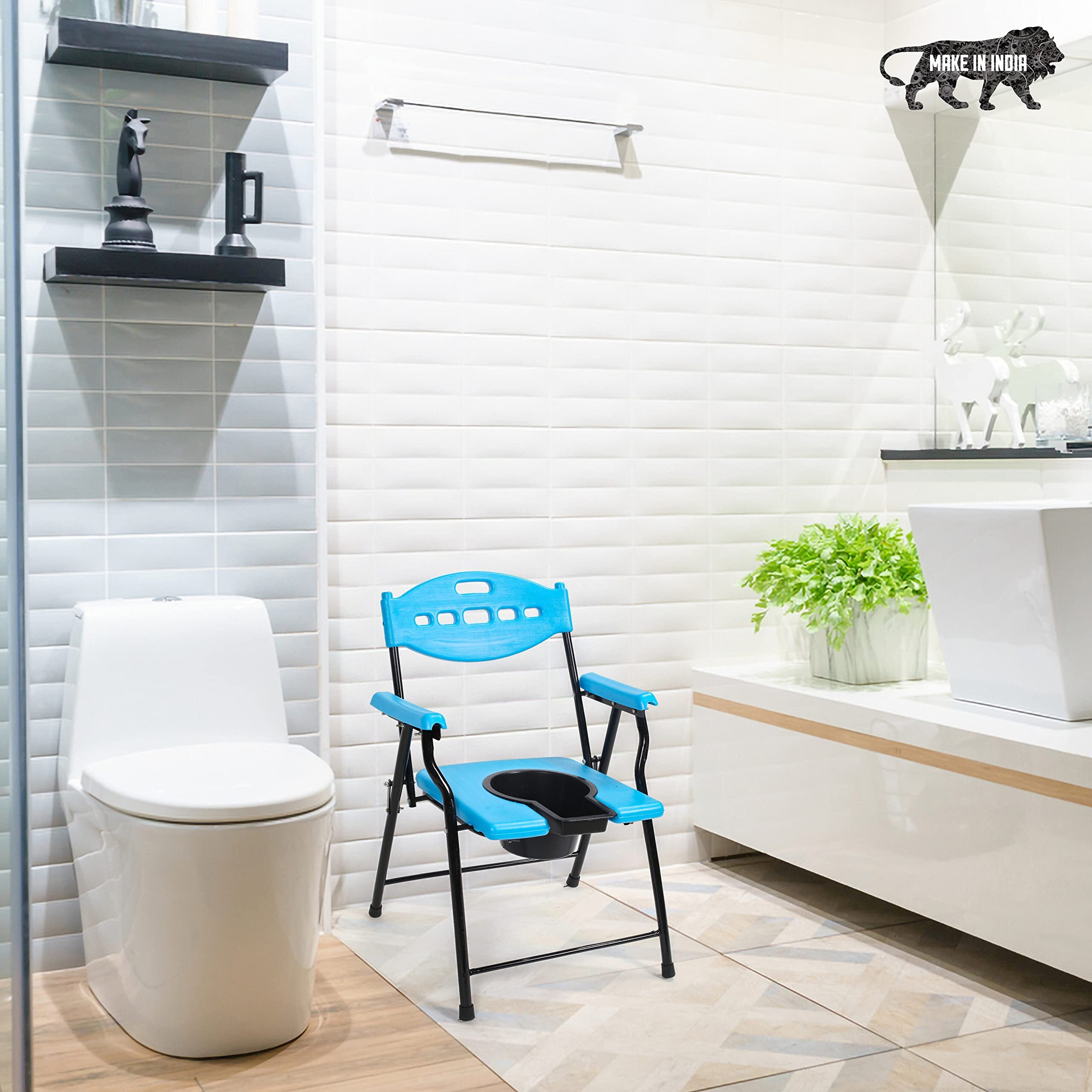 Physiqo Folding Elderly Disabled Man And Pregnant Woman Stainless Steel Shower And Bathing Room Mobile Commode Chair With Toilet Seat Comfortable Safe Toliet Stool Anti-Skid (100 Kg Capacity)