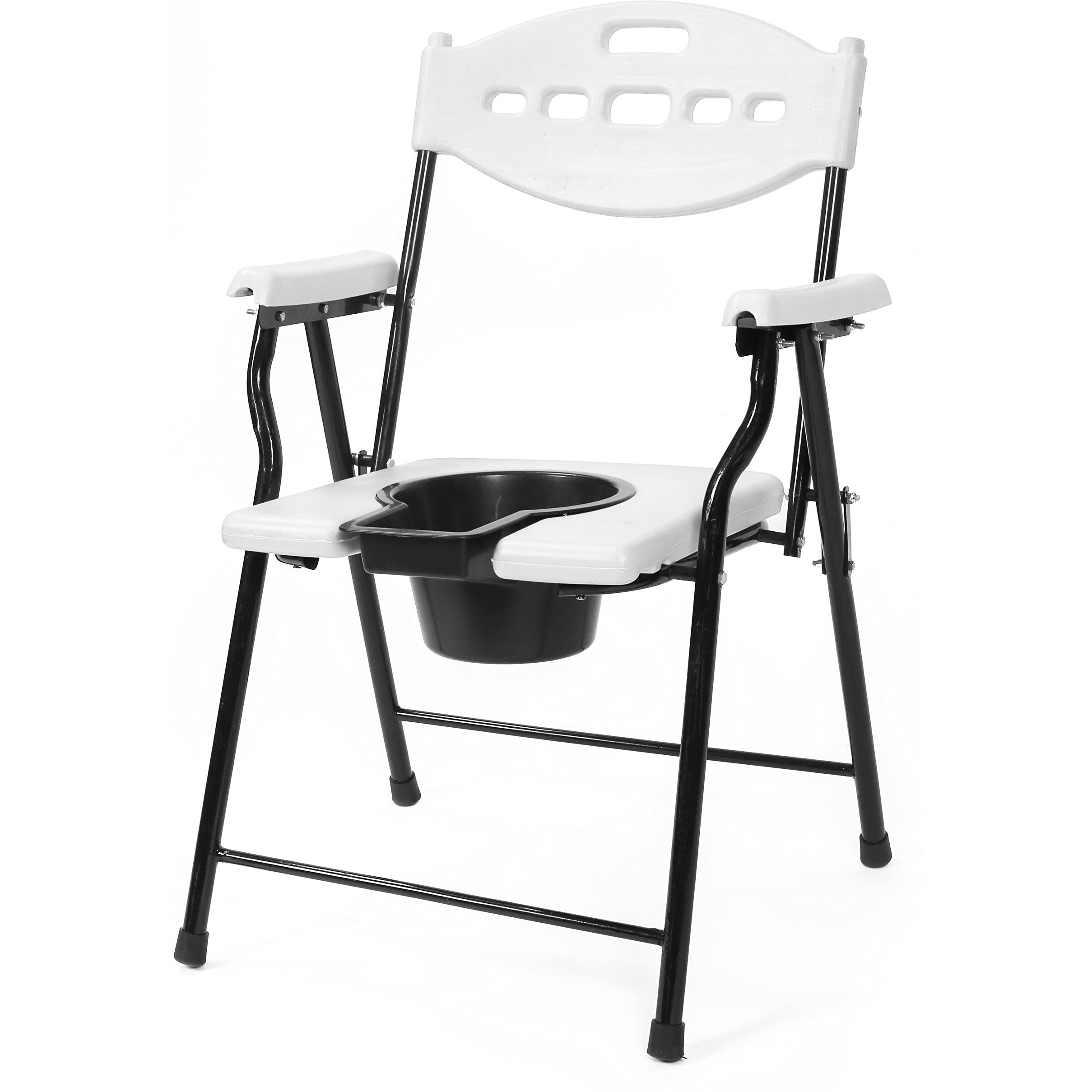 Physiqo Folding Elderly Disabled Man And Pregnant Woman Stainless Steel Shower And Bathing Room Mobile Commode Chair With Toilet Seat Comfortable Safe Toliet Stool Anti-Skid (White) (All White)