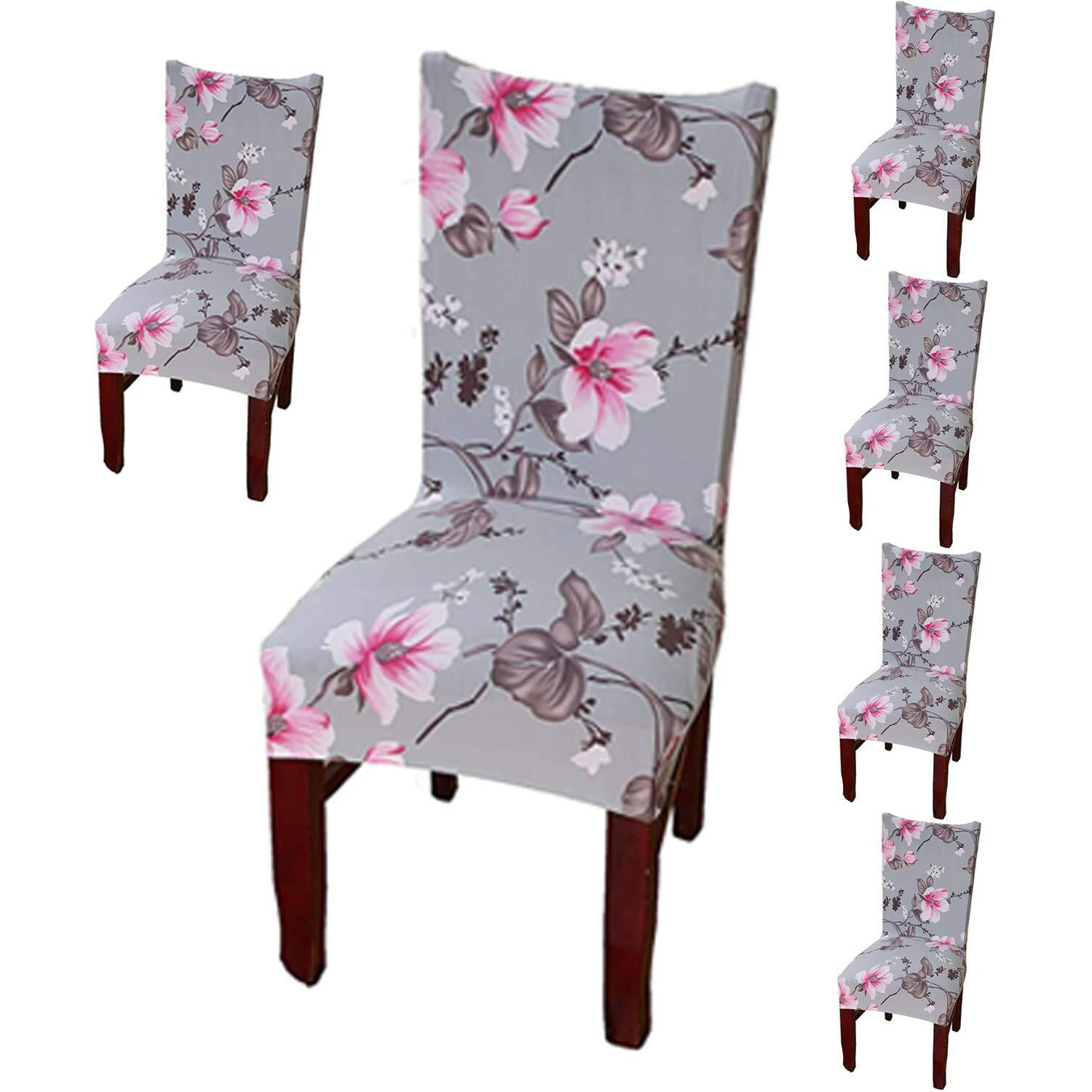 Styleys Elastic Chair Cover Stretch Removable Washable Short Dining Chair Cover Protector Seat Slipcover (6 Chair Cover, Slmc108 Grey/Pink Flower), PolyesterPolyester Blend