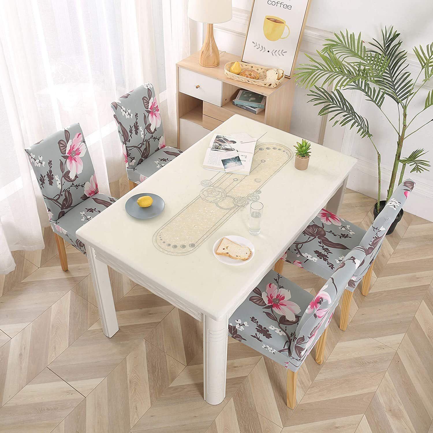 Styleys Elastic Chair Cover Stretch Removable Washable Short Dining Chair Cover Protector Seat Slipcover (6 Chair Cover, Slmc108 Grey/Pink Flower), PolyesterPolyester Blend