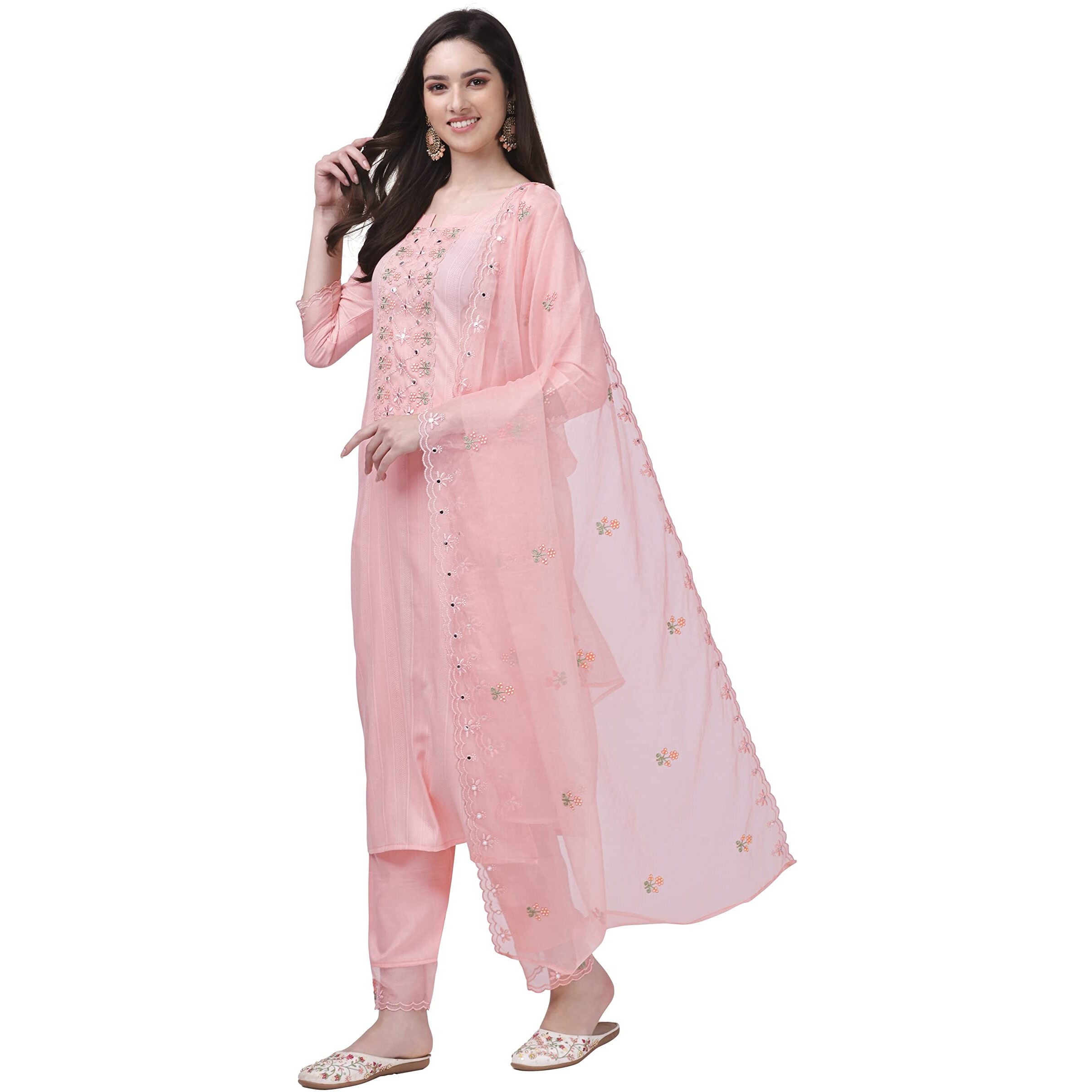 Trendmalls Women's Cotton Embroidery Salwar Suit Set Kurta Pant With Dupatta (G103-Lightpink-Xl)