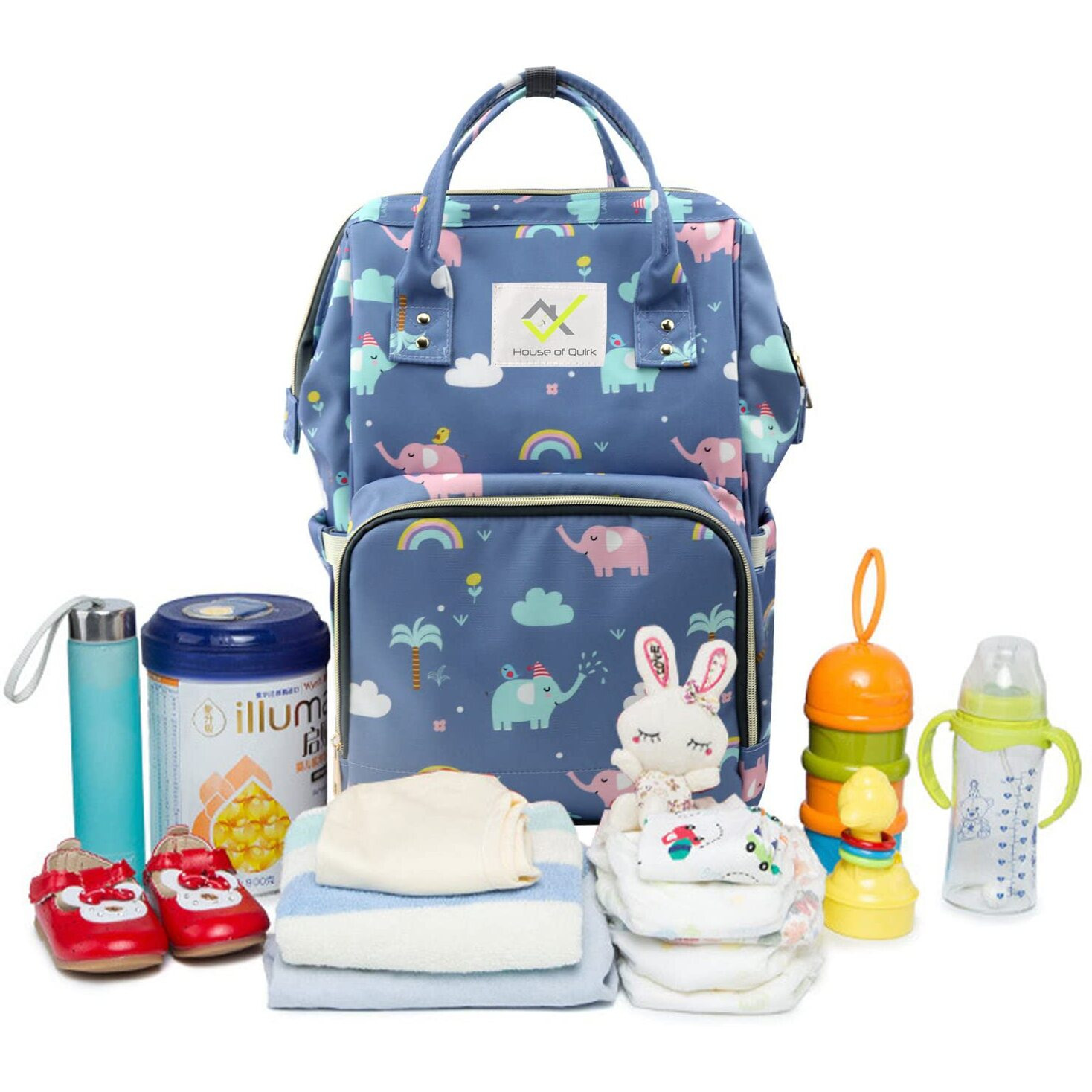 House Of Quirk Baby Diaper Bag Maternity Backpack (Blue Elephant Printed)