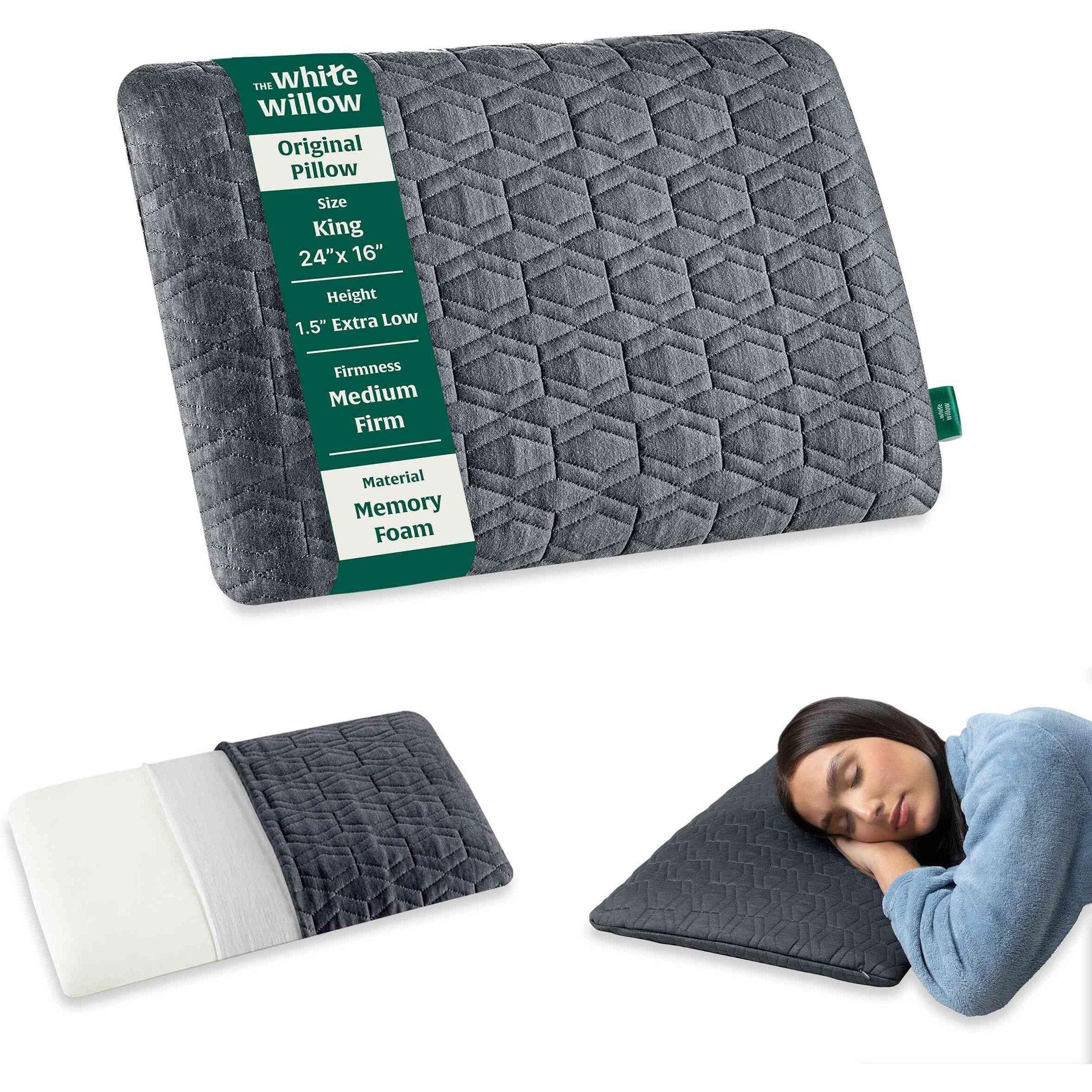 The White Willow Ultra Thin Pillow For Sleeping-Ultra Slim Memory Foam Pillow-Slim Pillow For Neck & Shoulder Pain-Flat Pillow-Orthopedic Cervical Pillow For Neck Support-King-Medium Firm-1.5" H-Grey