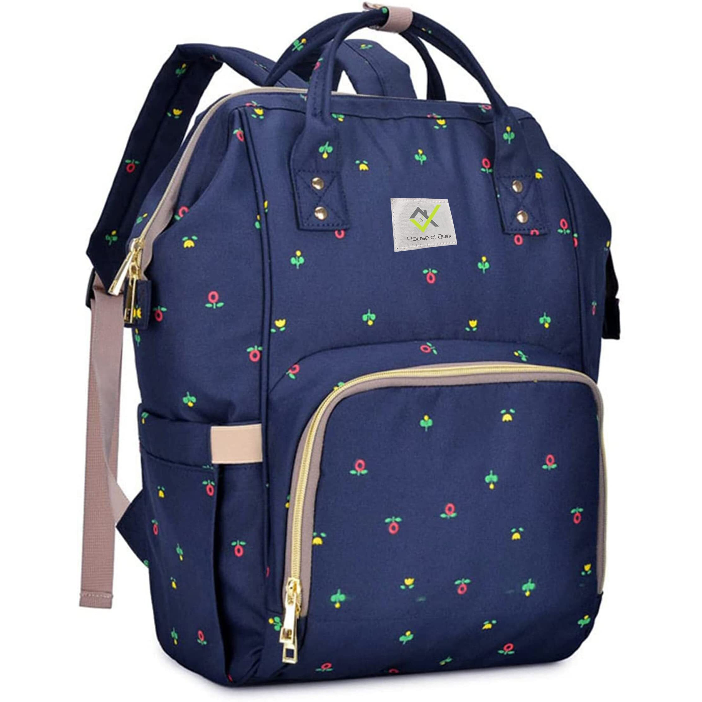 House Of Quirk Baby Diaper Bag Blue Maternity Backpack (Dark Blue Rosebud)