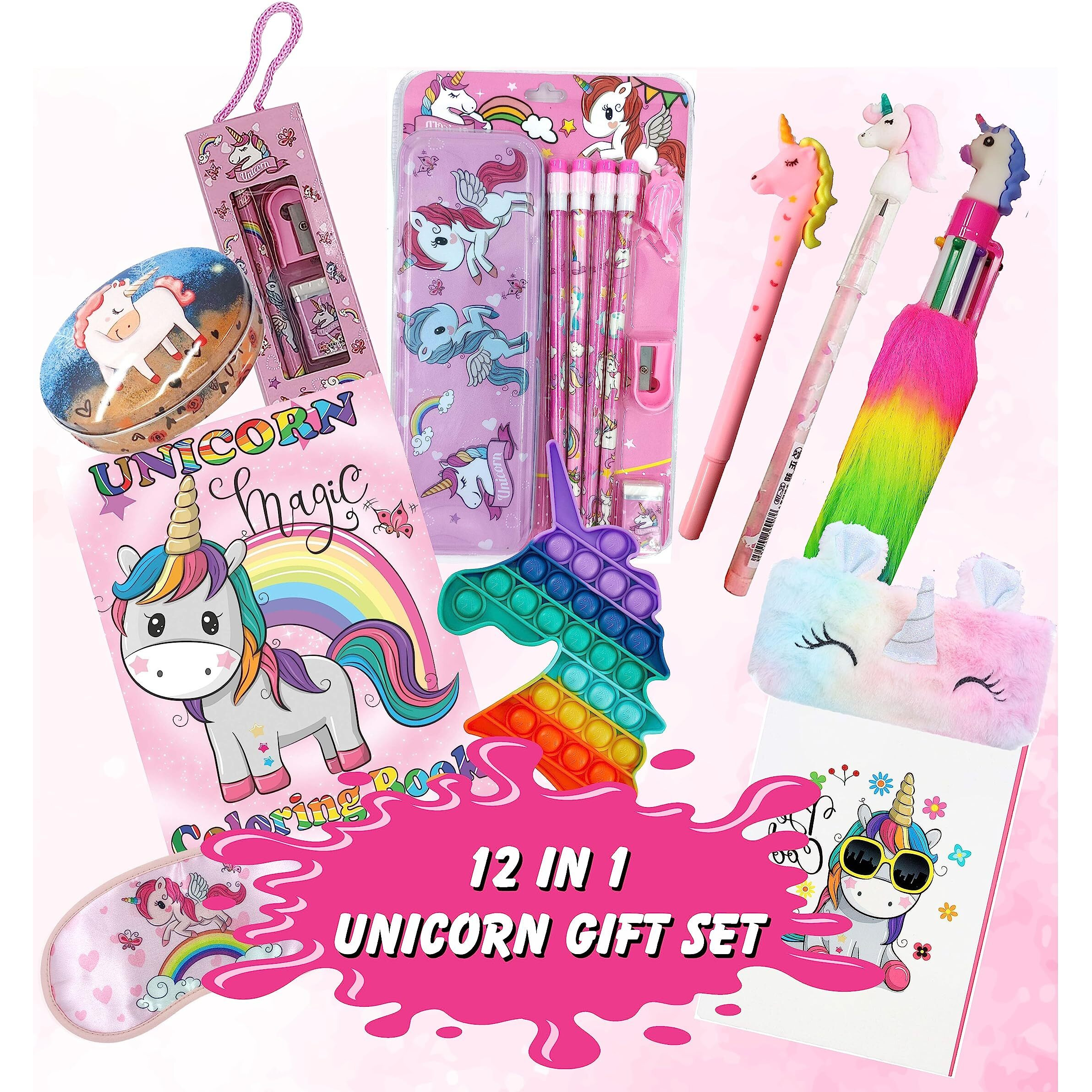 Indikonb 12 In 1 Unicorn Gifts For Girls | Unicorn Theme Birthday Gift For Kids Age 6-8 Years, 10-12 Year Old | Unicorn Small Diary, Stationery Set, Pop It, Eye Mask, Feather Pouch - U4
