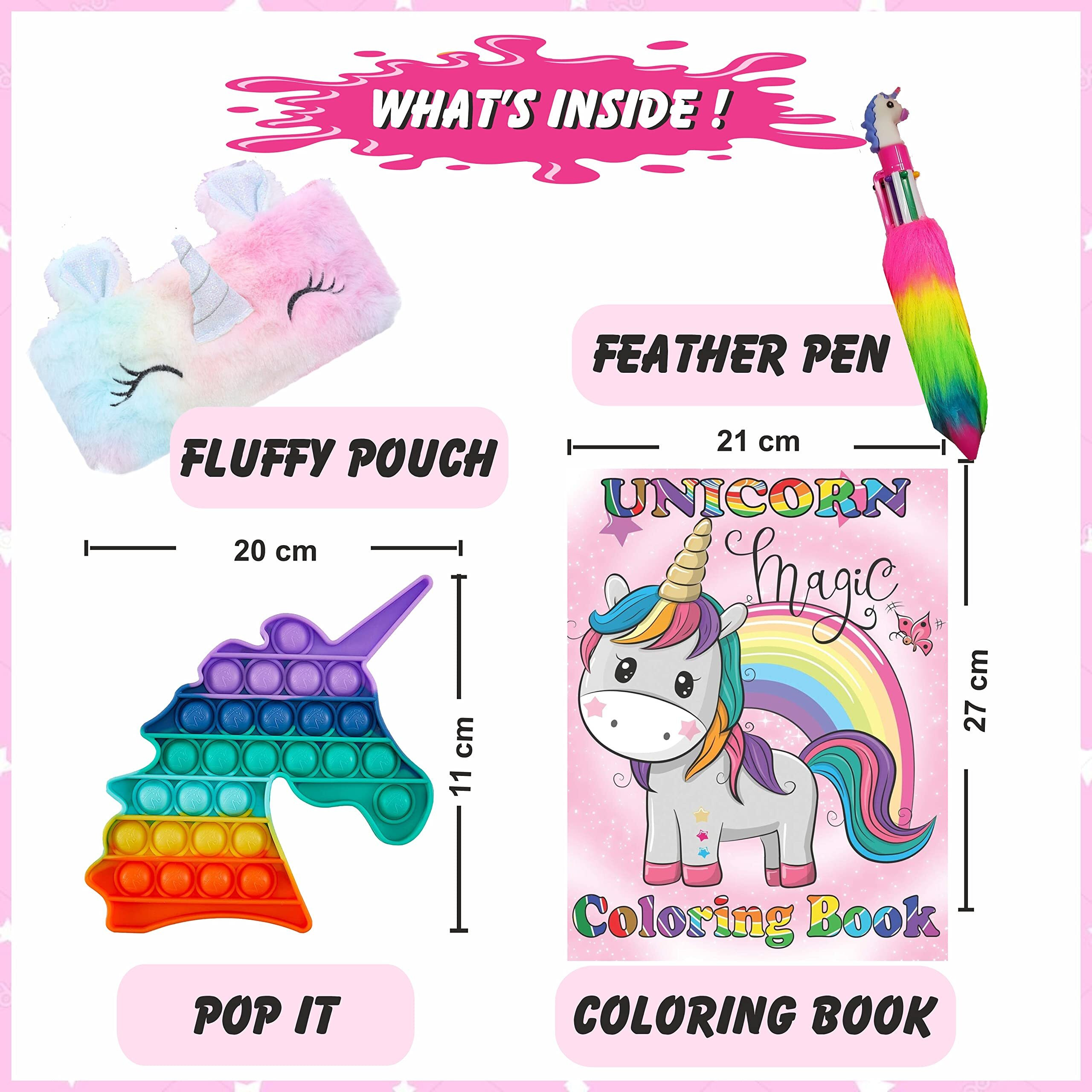 Indikonb 12 In 1 Unicorn Gifts For Girls | Unicorn Theme Birthday Gift For Kids Age 6-8 Years, 10-12 Year Old | Unicorn Small Diary, Stationery Set, Pop It, Eye Mask, Feather Pouch - U4