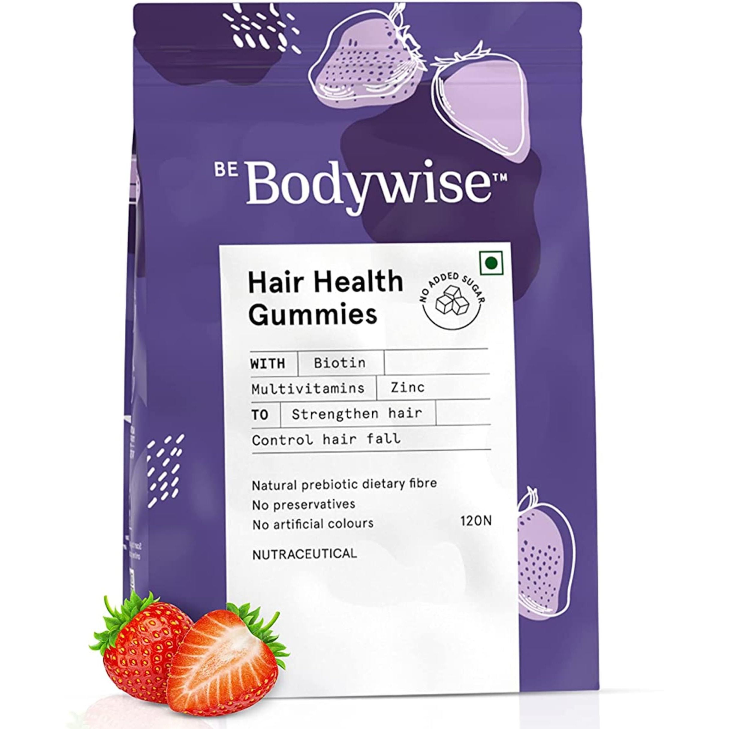 Be Bodywise Biotin Hair Gummies For Stronger, Shinier Hair & Nails | 120 Day Refill Pack | With Biotin, Zinc, Folic Acid, Fibre & Multivitamins | Strawberry Flavored | No Added Sugar & Gut Friendly