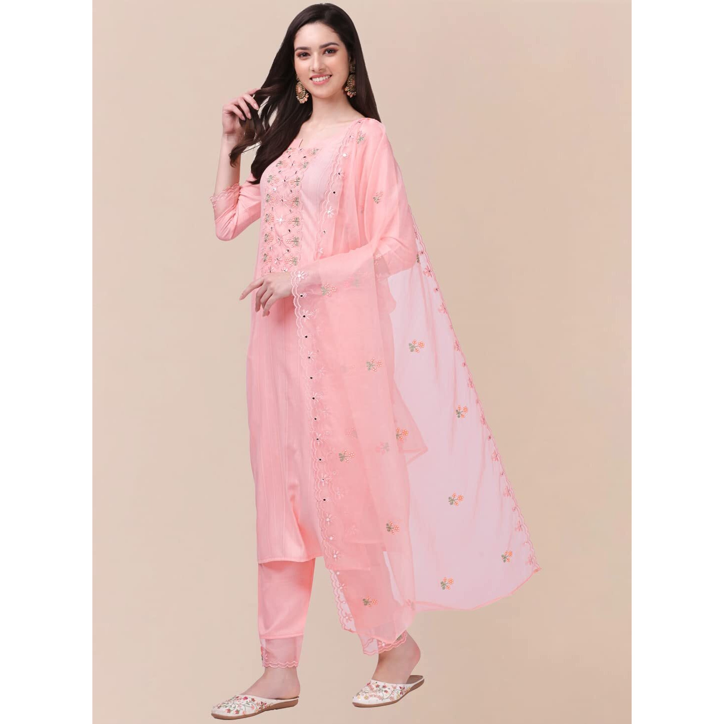 Trendmalls Women's Cotton Embroidery Salwar Suit Set Kurta Pant With Dupatta (G103-Lightpink-Xxl)