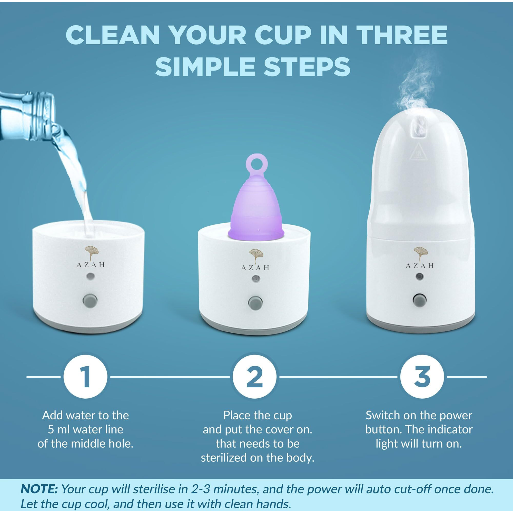 Azah Menstrual Cup Sterilizer | Portable Sterilizer For Menstrual Cup For Women & Girls | Clean Your Cup With Ease | Kills 99.9% Germs In 3 Minutes With Steam | Bpa Free & Auto Power Cut-Off