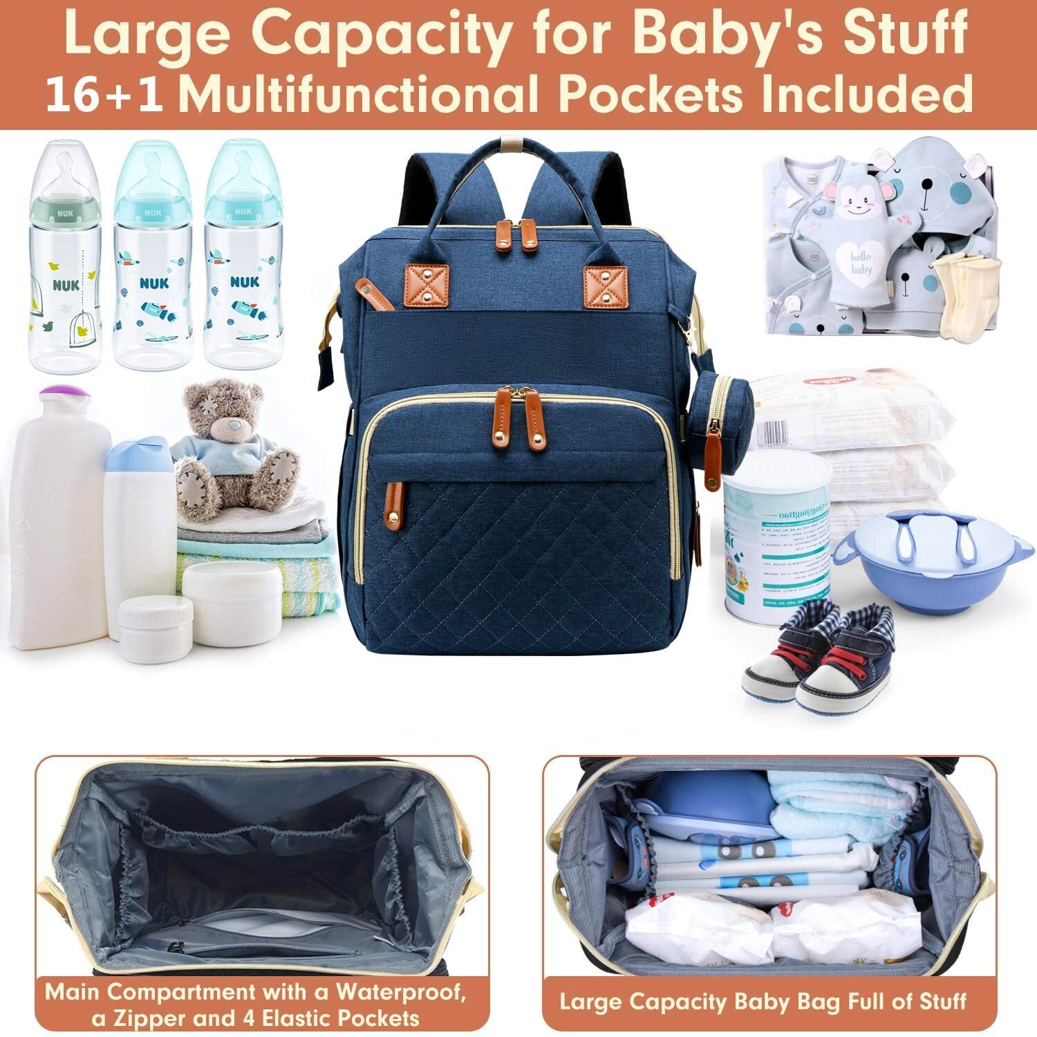 Rianz 22 Ltrs Caldor Baby Diaper Bag Large Backpack For Girls & Boys, Multi-Functional Waterproof, Diaper Pouch With Pacifier Case, Stroller Straps, Tissue Bag & Built-In Usb Charging Port, Blue
