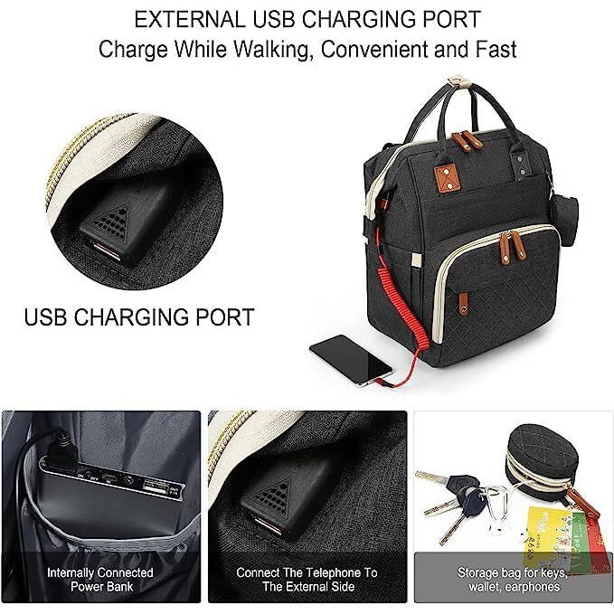 Rianz Caldor Baby Diaper Bag Large Backpack For Girls And Boys, Multi-Functional Waterproof, Diaper Pouch With Pacifier Case, Stroller Straps, Tissue Bag, And Built-In Usb Charging Port (Black)