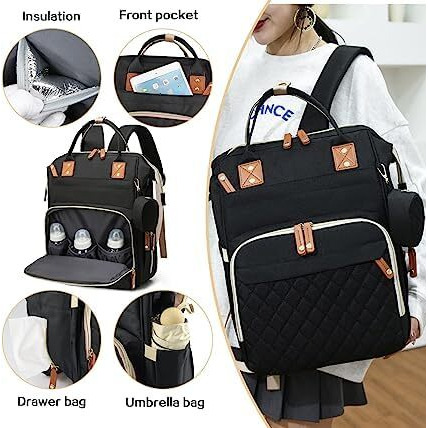 Rianz Caldor Baby Diaper Bag Large Backpack For Girls And Boys, Multi-Functional Waterproof, Diaper Pouch With Pacifier Case, Stroller Straps, Tissue Bag, And Built-In Usb Charging Port (Black)