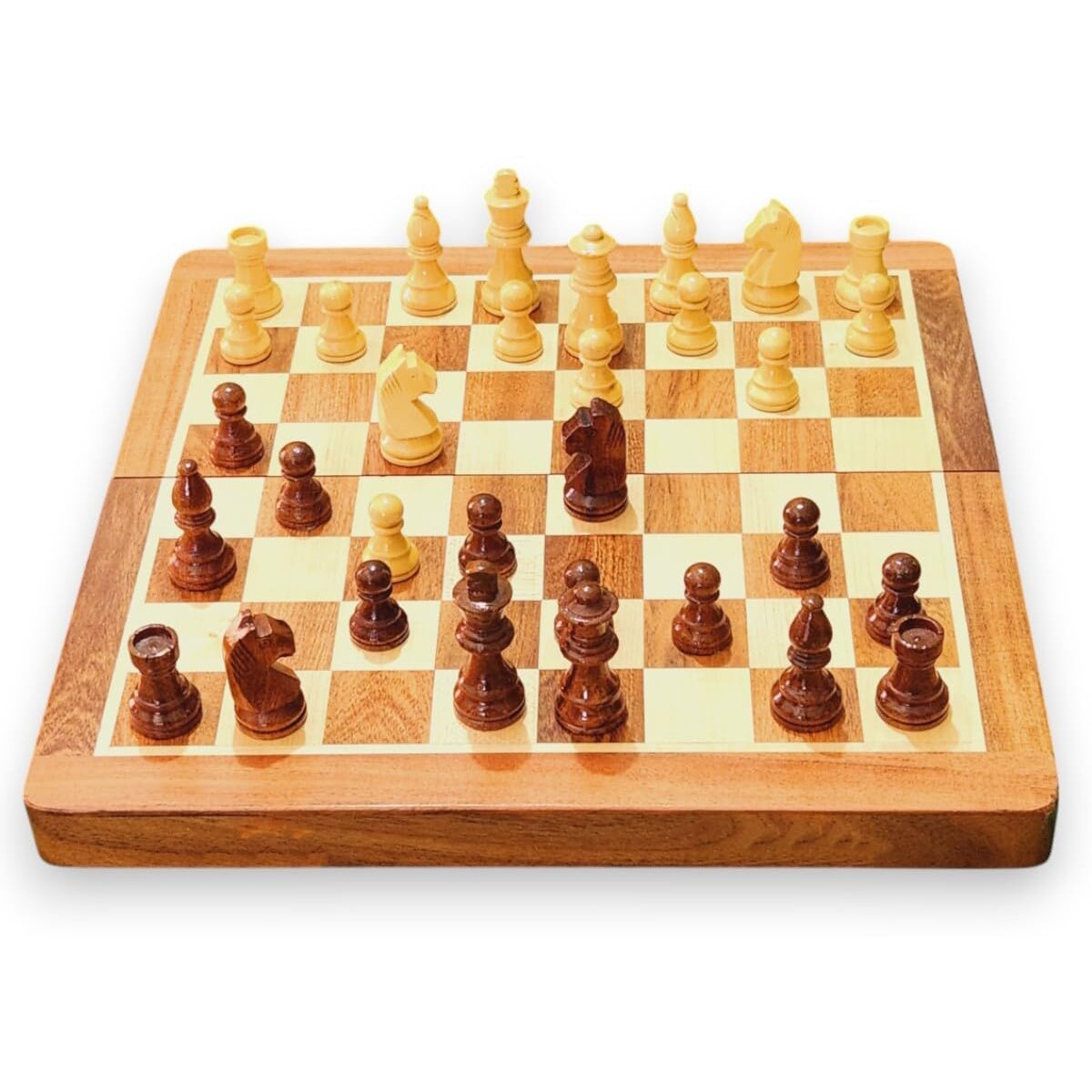 Enterro Wooden Chess Set 12" X 12" With 2 Extra Queens With Magnetic Coins - Folding Travel Friendly Handmade For Kids Adults