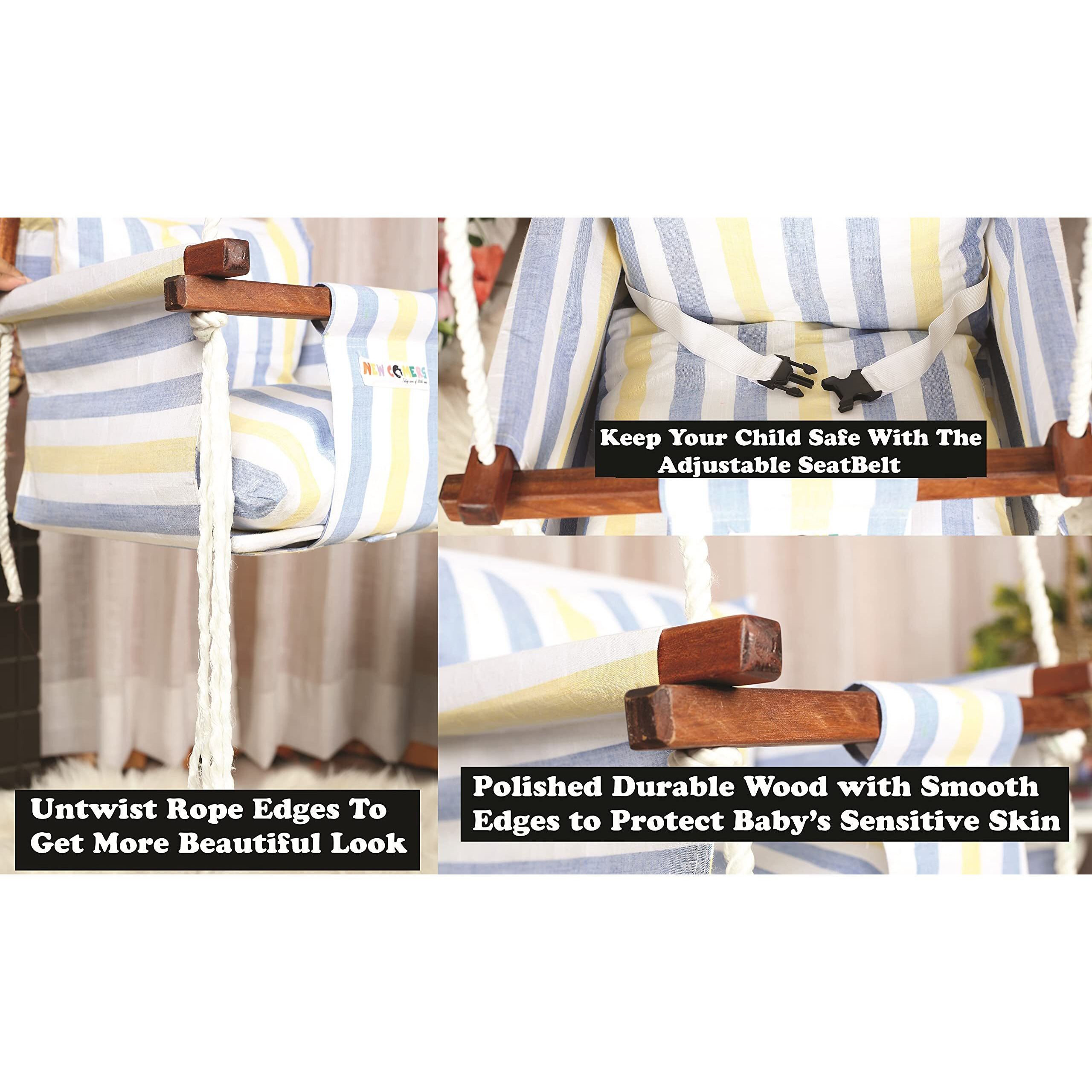 New Comers Cotton Swing For Kids, Jhula For Baby, Baby Swing Hanging Indoor Outdoor, Baby Garden Swing With Safety Belt & 2 Pillows (6 Months To 4 Years) (Up To 20 Kg)-Yellow (Tc 150/300) 908