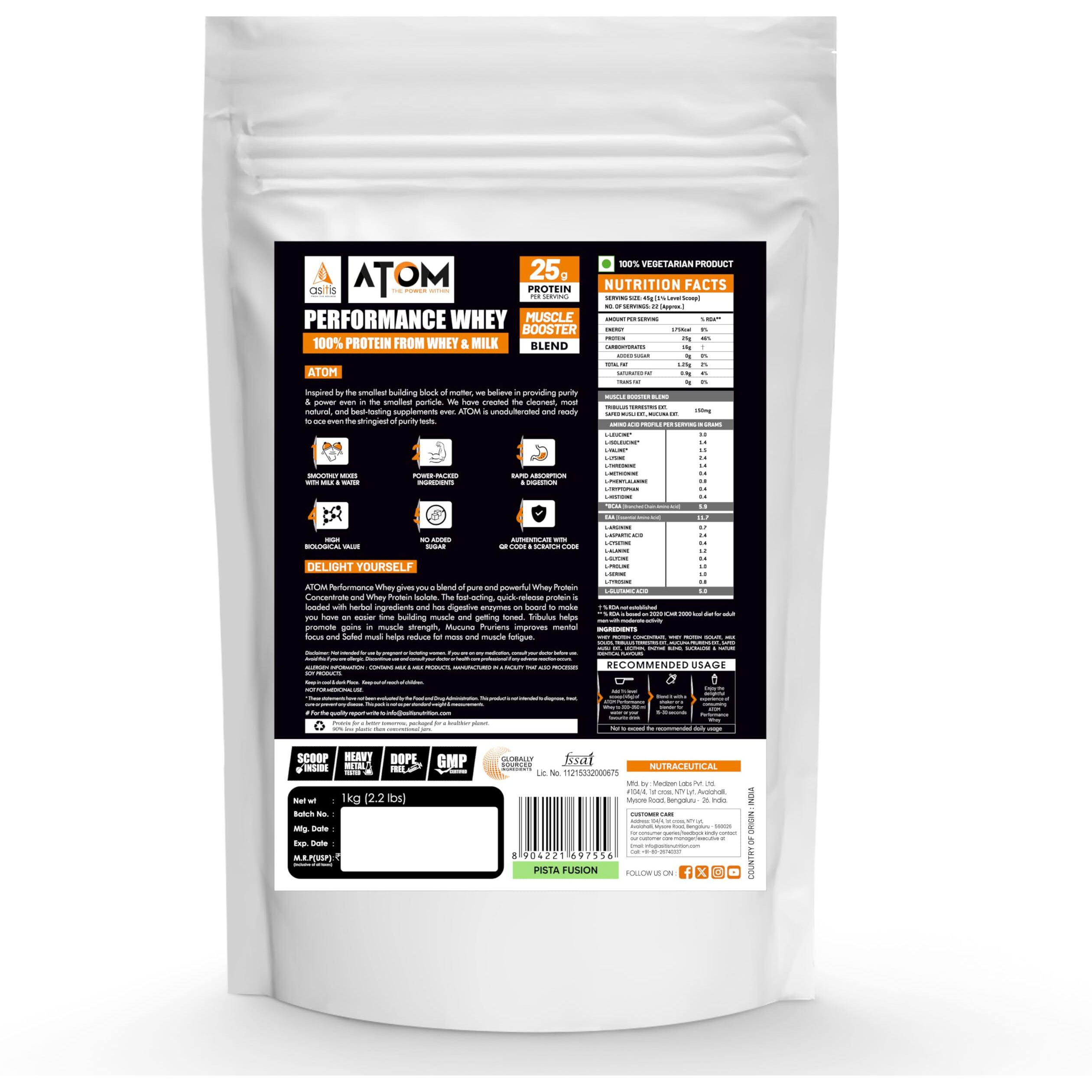 Asitis Nutrition Atom Performance Whey 1Kg (Pista Fusion)