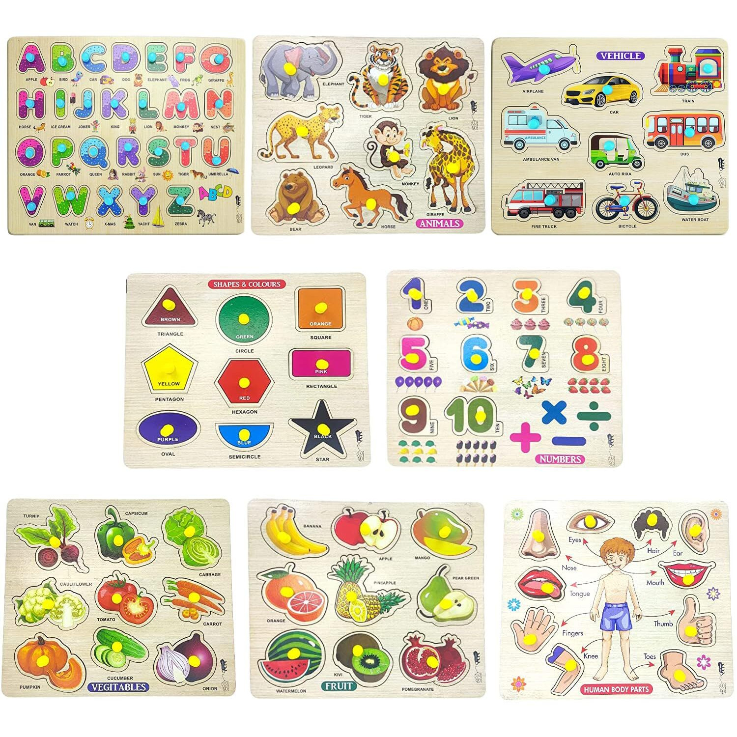 Appster Jumbo Size Educational Colorful Animals, Fruits, Vegetables, Abcd, Numbers, Body Parts, Shape Color & Vehicles Wooden Puzzle Toy For Kids Jigsaw Puzzles Learning Toys Game (Pack Of 8)