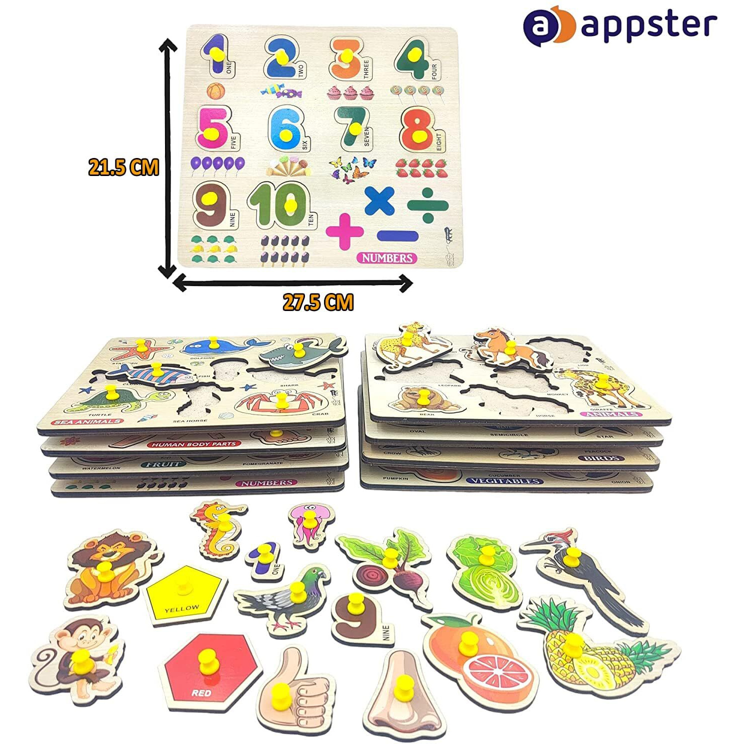 Appster Jumbo Size Educational Colorful Animals, Fruits, Vegetables, Abcd, Numbers, Body Parts, Shape Color & Vehicles Wooden Puzzle Toy For Kids Jigsaw Puzzles Learning Toys Game (Pack Of 8)