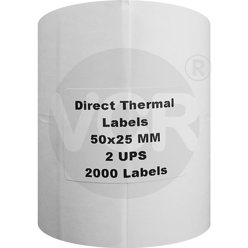 Vcr 2 X 1 Direct Thermal Barcode Label Sticker - 2 X 1 Inches - 50Mm X 25Mm - 2 Ups - 2000 Labels Per Roll - Pack Of 8 Rolls -White Self Adhesive Sticker For Printing Barcoding Labels 1 Inch Core