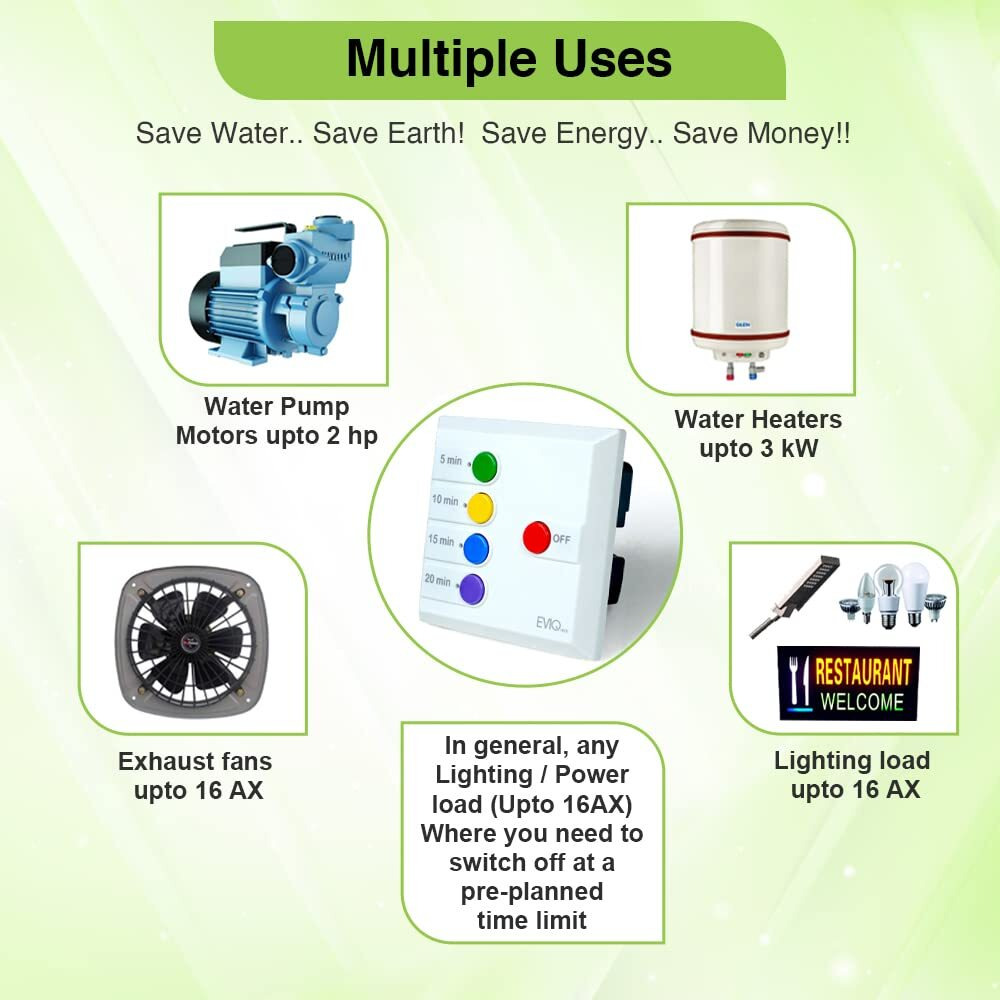 Swigo 5,10,15,20 Mins Auto Cut Off Timer Switch For Water Motor Pump Up To 2 Hp Single Phase Direct Supply Without Starter Water Heater Exhaust Fans And Lighting Loads Up To 16 Amps (White)