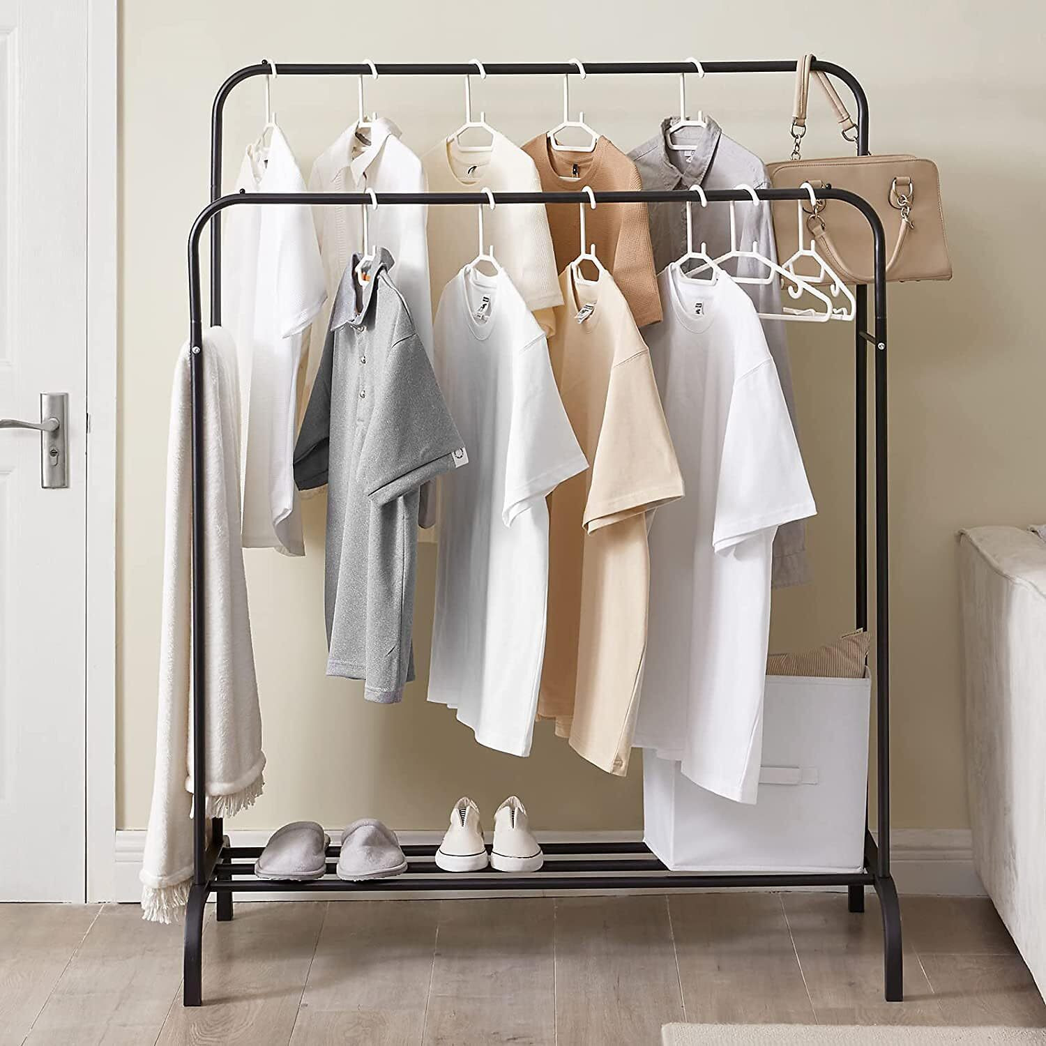 Lukzer 1Pc Metal Cloth Stand Multipurpose Garment Rack With Bottom Shelf  Ideal Coat And Jacket Organizer For Home And Bedroom Display (Black, 148 X 110 X 55 Cm, 555 Mm Depth)
