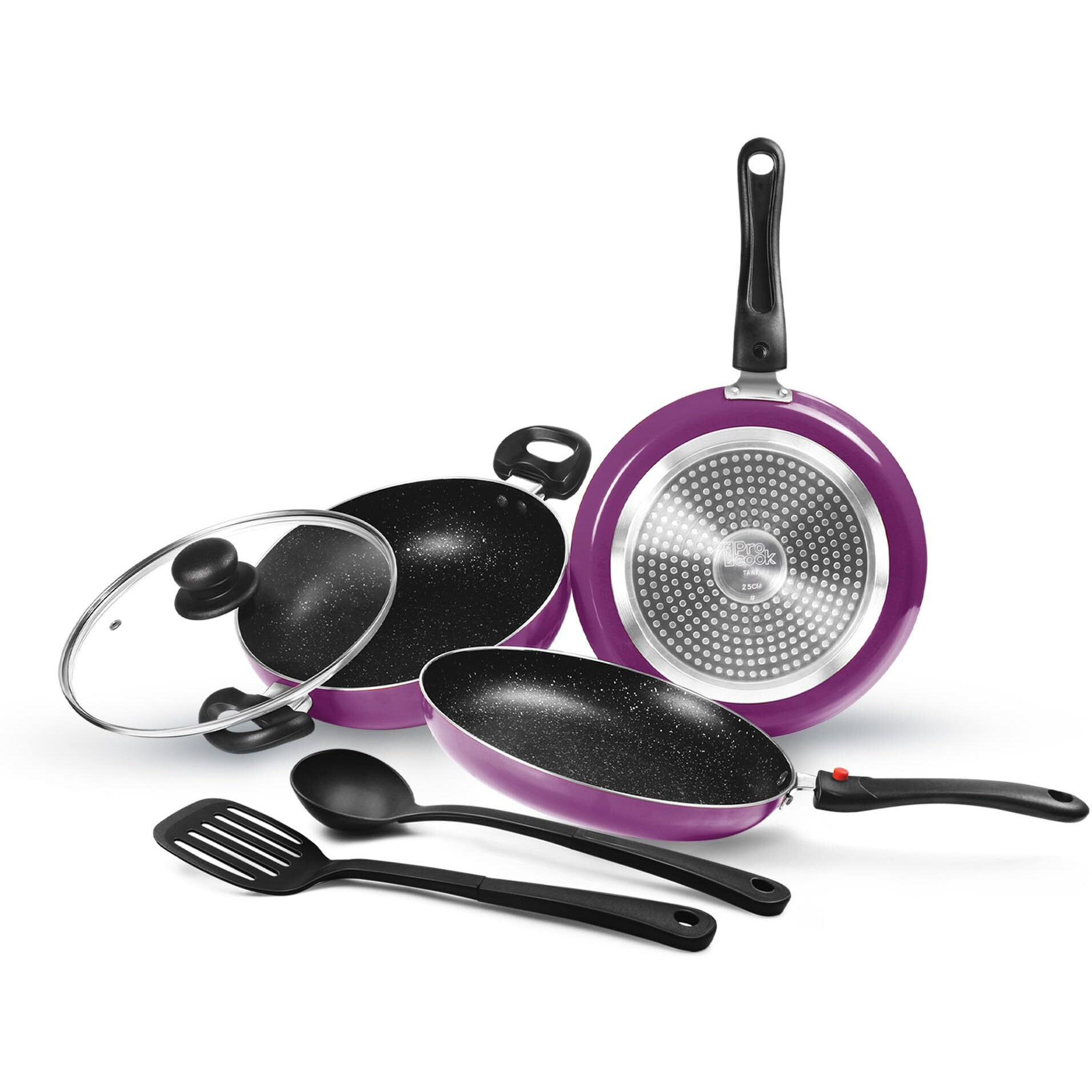 Milton Pro Cook Kitchen Jewel Set Of 5 (Fry Pan 24 Cm/1.6 Litres Kadhai 24 Cm/2.5 Litres With Glass Lid Tawa 25 CmNylon Laddle And Spatula), Dark Purple | Induction | Hot Plate | Flame Safe