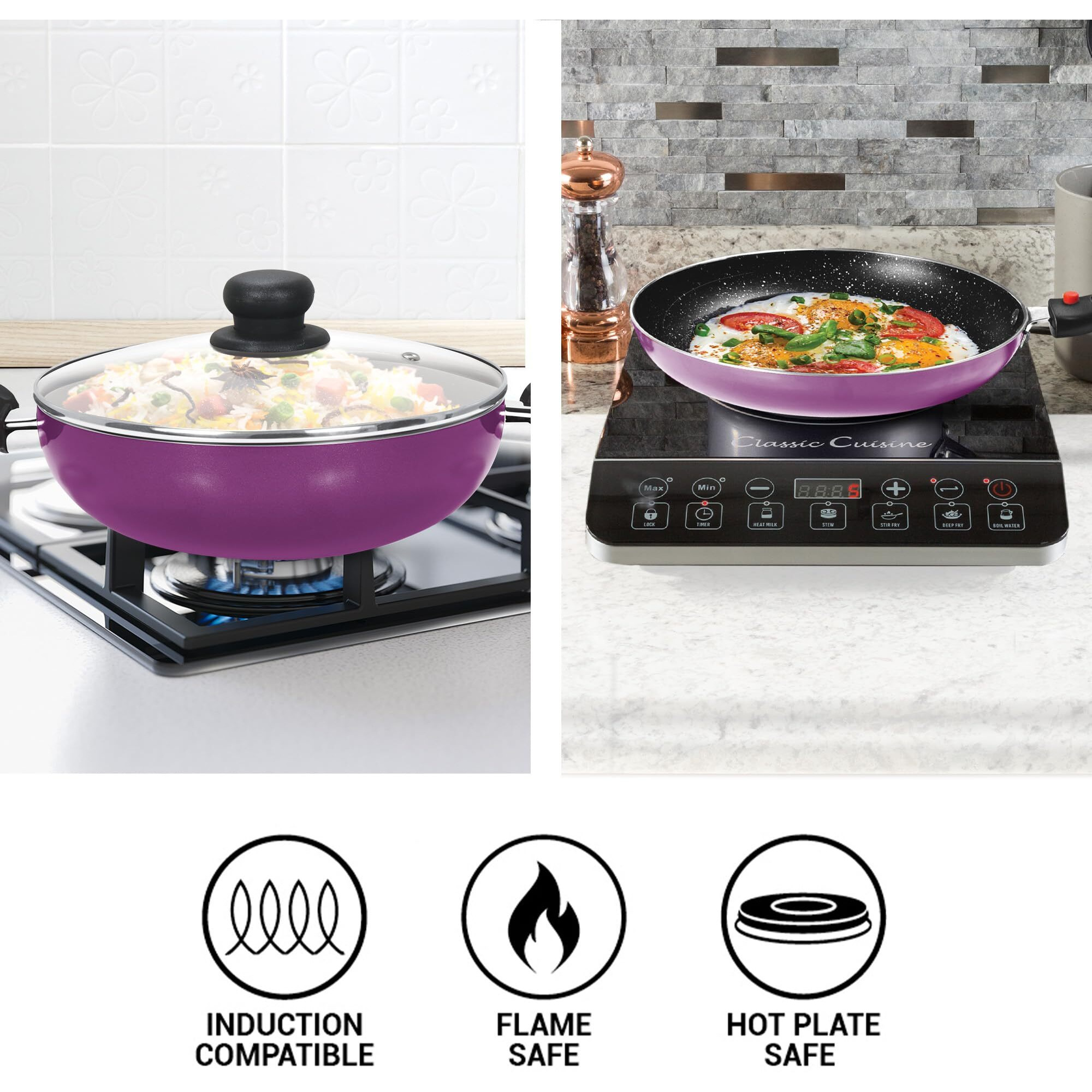 Milton Pro Cook Kitchen Jewel Set Of 5 (Fry Pan 24 Cm/1.6 Litres Kadhai 24 Cm/2.5 Litres With Glass Lid Tawa 25 CmNylon Laddle And Spatula), Dark Purple | Induction | Hot Plate | Flame Safe