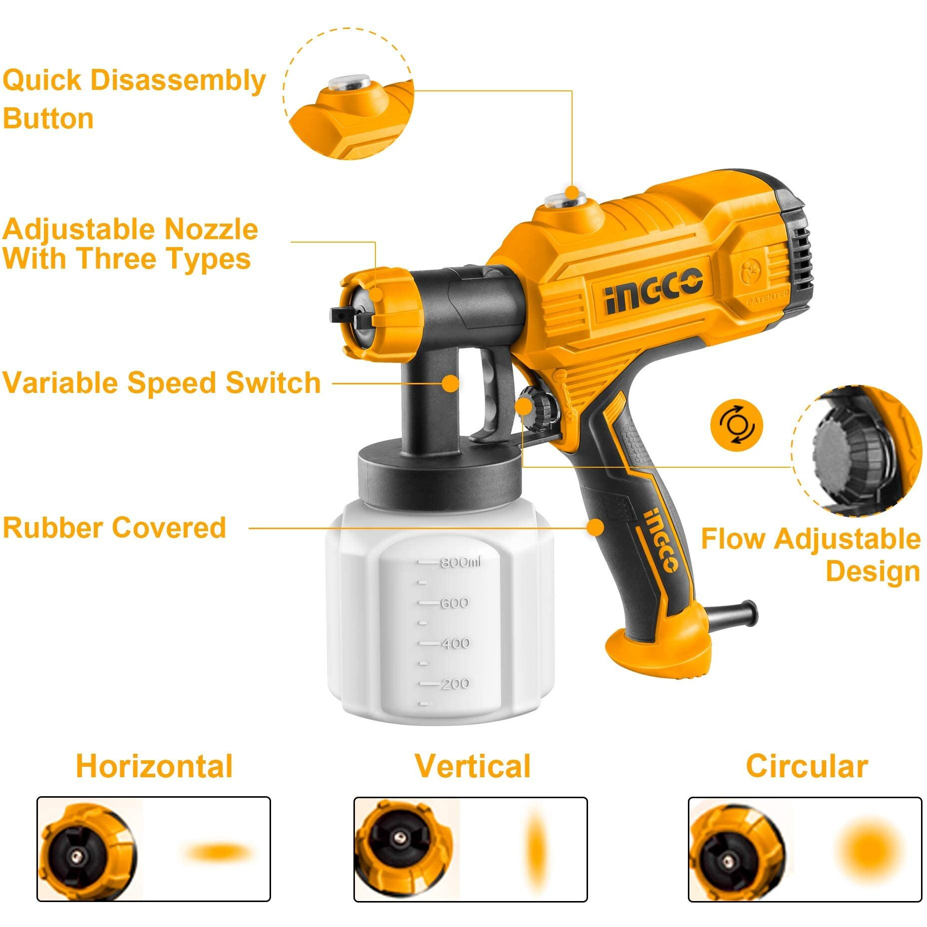 Ingco Paint Sprayer800 Ml Capacity, 450W, 1.5Mm Copper Nozzle,50Din-S, 380 Ml/Min
