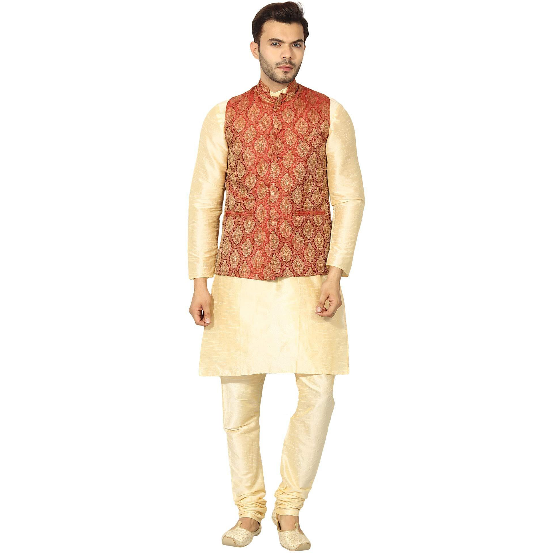 Uri And Mackenzie Men's Full Sleeve Golden Kurta Set Matching Pyjama With Maroon Jacquard Nehru Jacket(40)