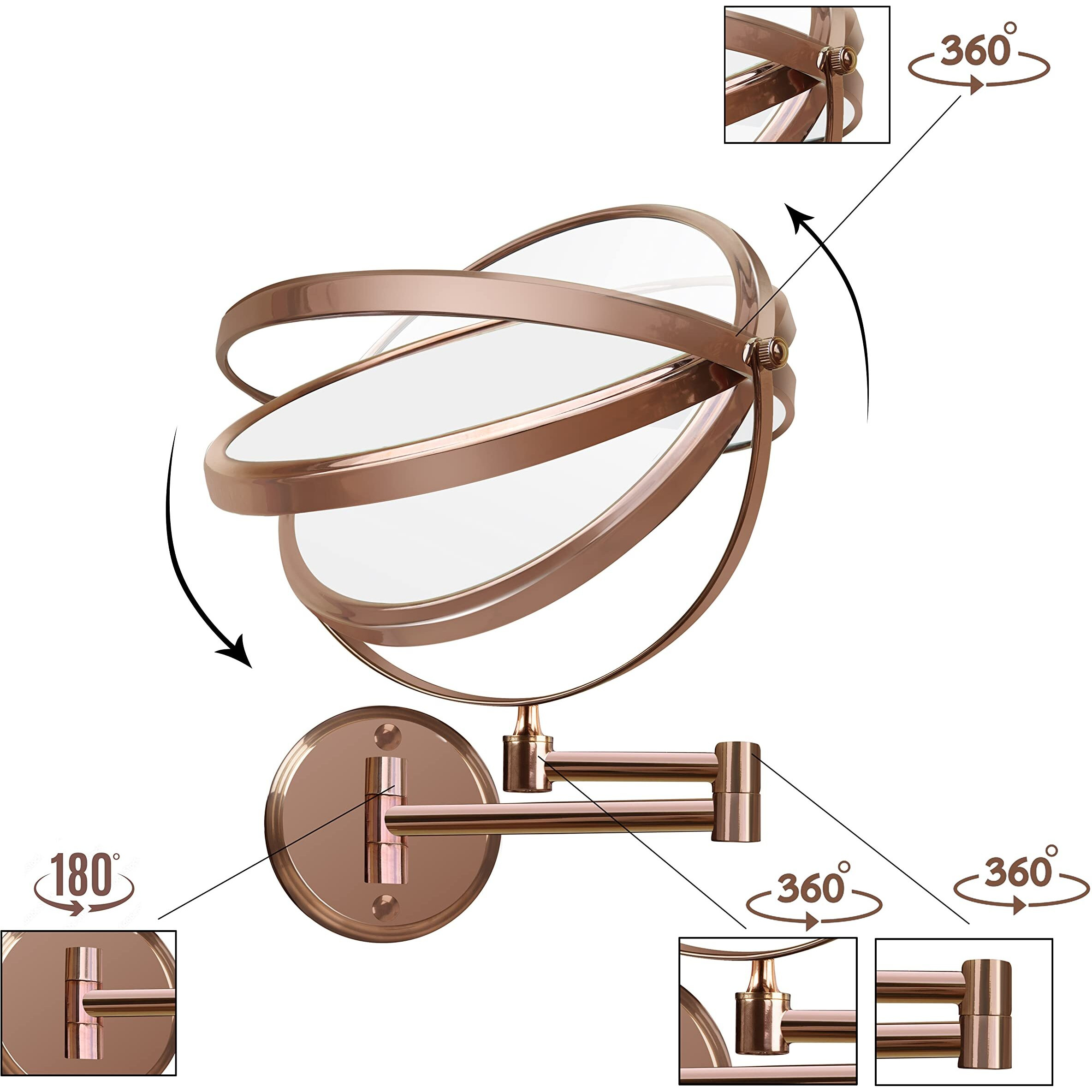 Plantex Premium Brass Magnifying Mirror/Dual Side Swivel Zoom Mirror With 5X/1X Magnification/Vanity Mirror For Bathroom (8 Inches-Rose Gold/Wall Mount)
