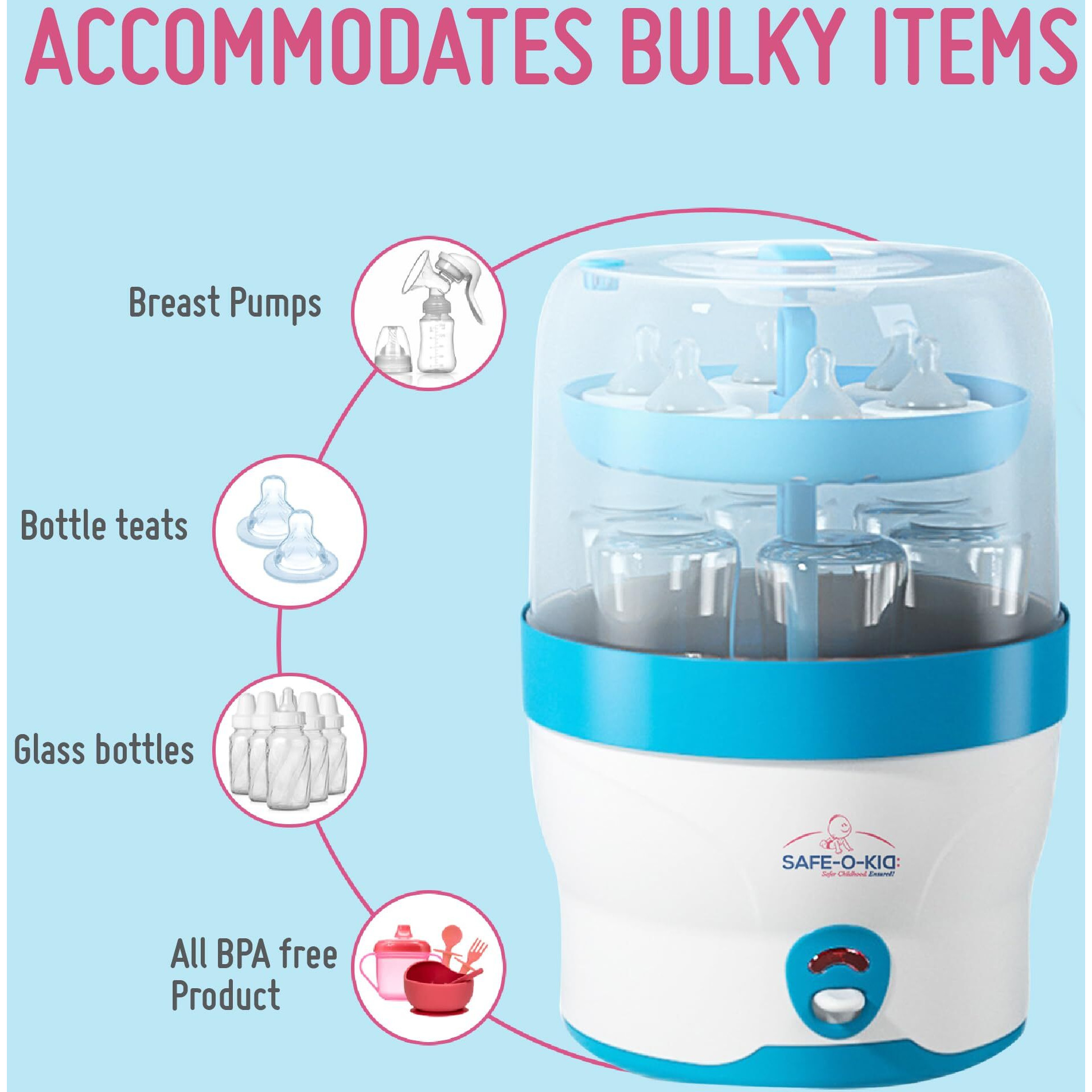 Safe-O-Kid 6 Bottles Advanced Sterilizer With 1 Year Manufacturer Warranty, Large Capacity, Steam Sterilizer For Feeding Bottles, Assessories, Breast Pumps, Teats, Bpa Free Products, Auto Shut With Advanced Uniform Heat Distribution Technology To Eliminate 99.9999 (Maximum Possible) Germs (Bacteria,Viruses Etc) - Blue